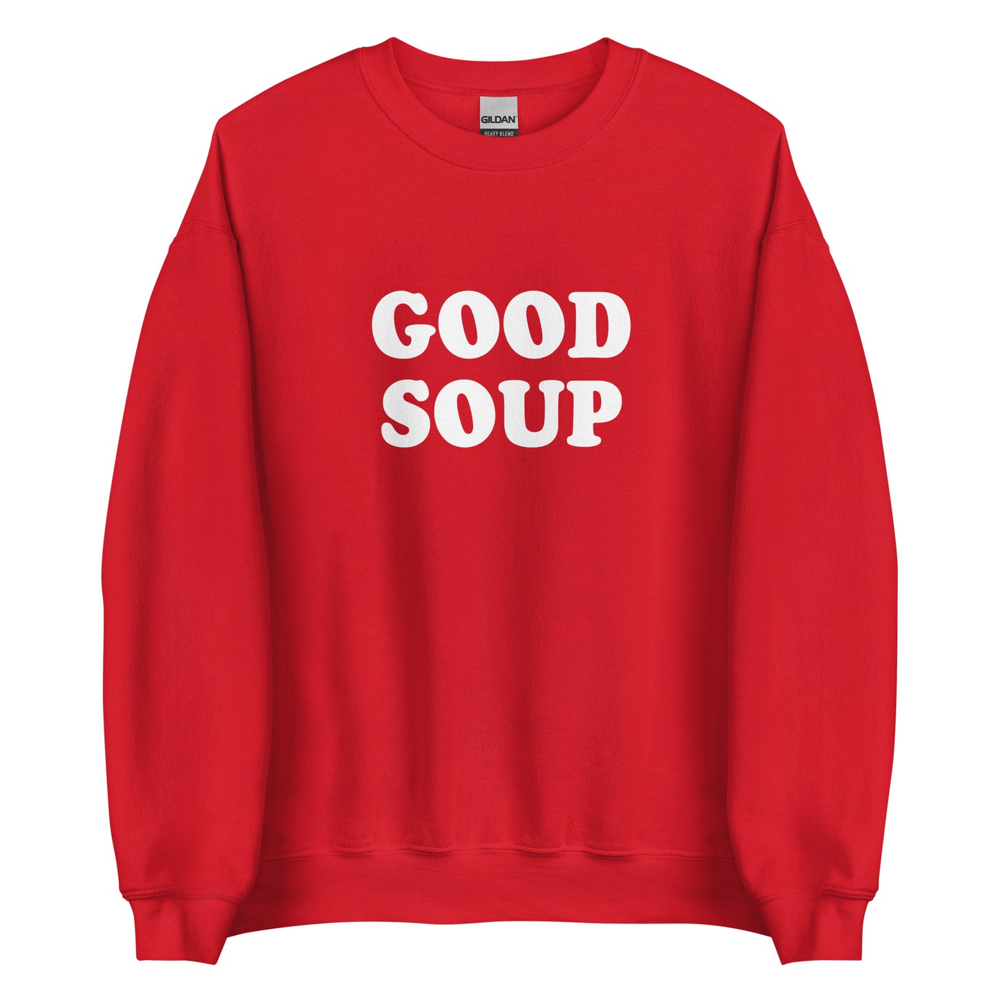 Red Good Soup Sweatshirt from Nina's Funky Shop by ninanush - Do you love soup? Looking for a funny gift? Our Good Soup Crewneck Sweatshirt is soft, comfortable and just what you need. It's a unisex sweatshirt that comes in a variety of colors with "Good Soup", expertly printed on the front. A unique and funny sweatshirt for cozy nights in or stand out Soup Lover streetwear. This quirky sweatshirt is designed by Nina and made just for you.
