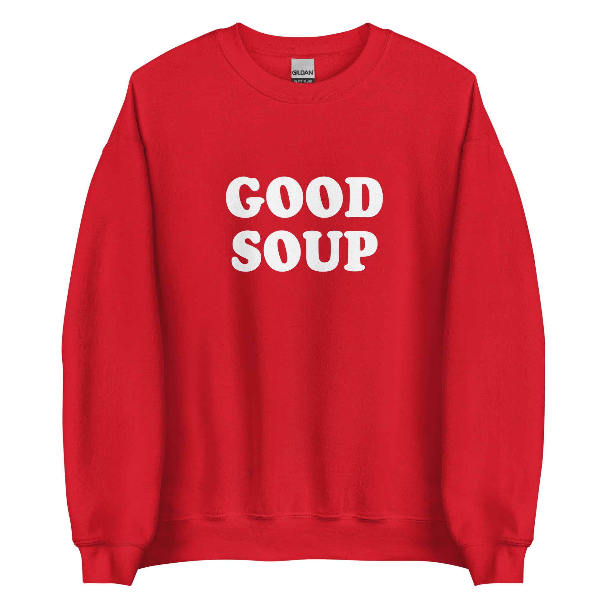 Red Good Soup Sweatshirt from Nina's Funky Shop by ninanush - Do you love soup? Looking for a funny gift? Our Good Soup Crewneck Sweatshirt is soft, comfortable and just what you need. It's a unisex sweatshirt that comes in a variety of colors with "Good Soup", expertly printed on the front. A unique and funny sweatshirt for cozy nights in or stand out Soup Lover streetwear. This quirky sweatshirt is designed by Nina and made just for you.