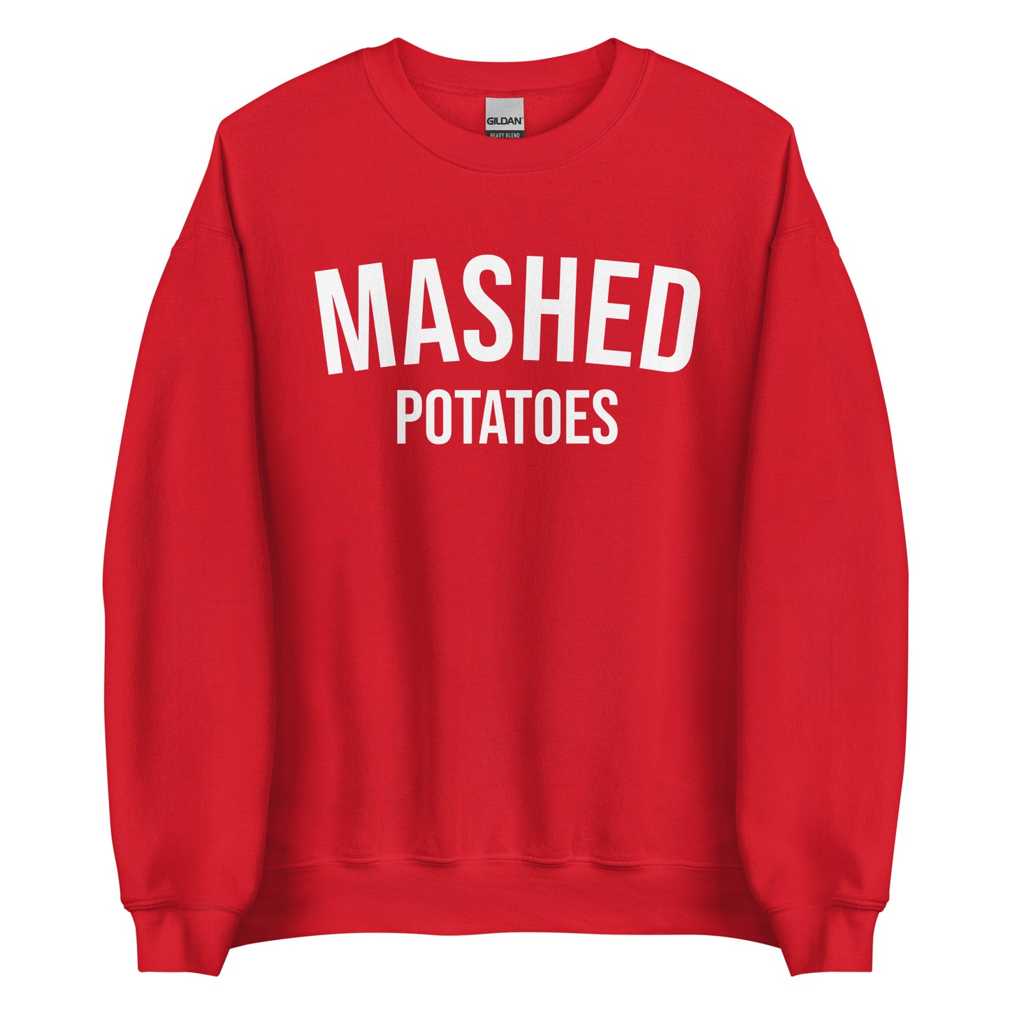 Red Mashed Potatoes Crewneck Sweatshirt from Nina's Funky Shop by ninanush - Do you love mashed potatoes? Looking for a funny foodie gift for a friend? Our Mashed Potatoes Crewneck Sweatshirt is soft, comfortable and just what you need. It's a unisex, varsity style, potato lover sweatshirt with "Mashed Potatoes" on the front. Show off your love of mashed potatoes in this funny holiday food sweatshirt.