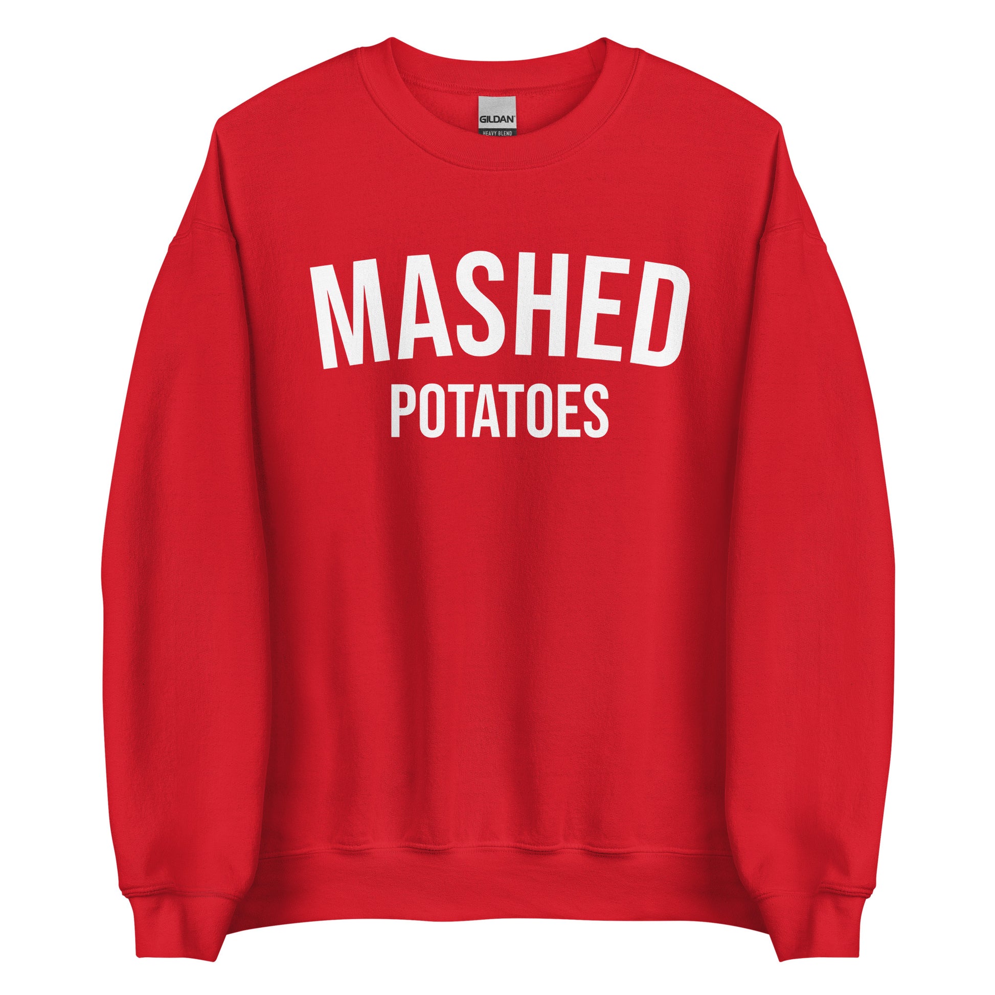 Red Mashed Potatoes Crewneck Sweatshirt from Nina's Funky Shop by ninanush - Do you love mashed potatoes? Looking for a funny foodie gift for a friend? Our Mashed Potatoes Crewneck Sweatshirt is soft, comfortable and just what you need. It's a unisex, varsity style, potato lover sweatshirt with "Mashed Potatoes" on the front. Show off your love of mashed potatoes in this funny holiday food sweatshirt.