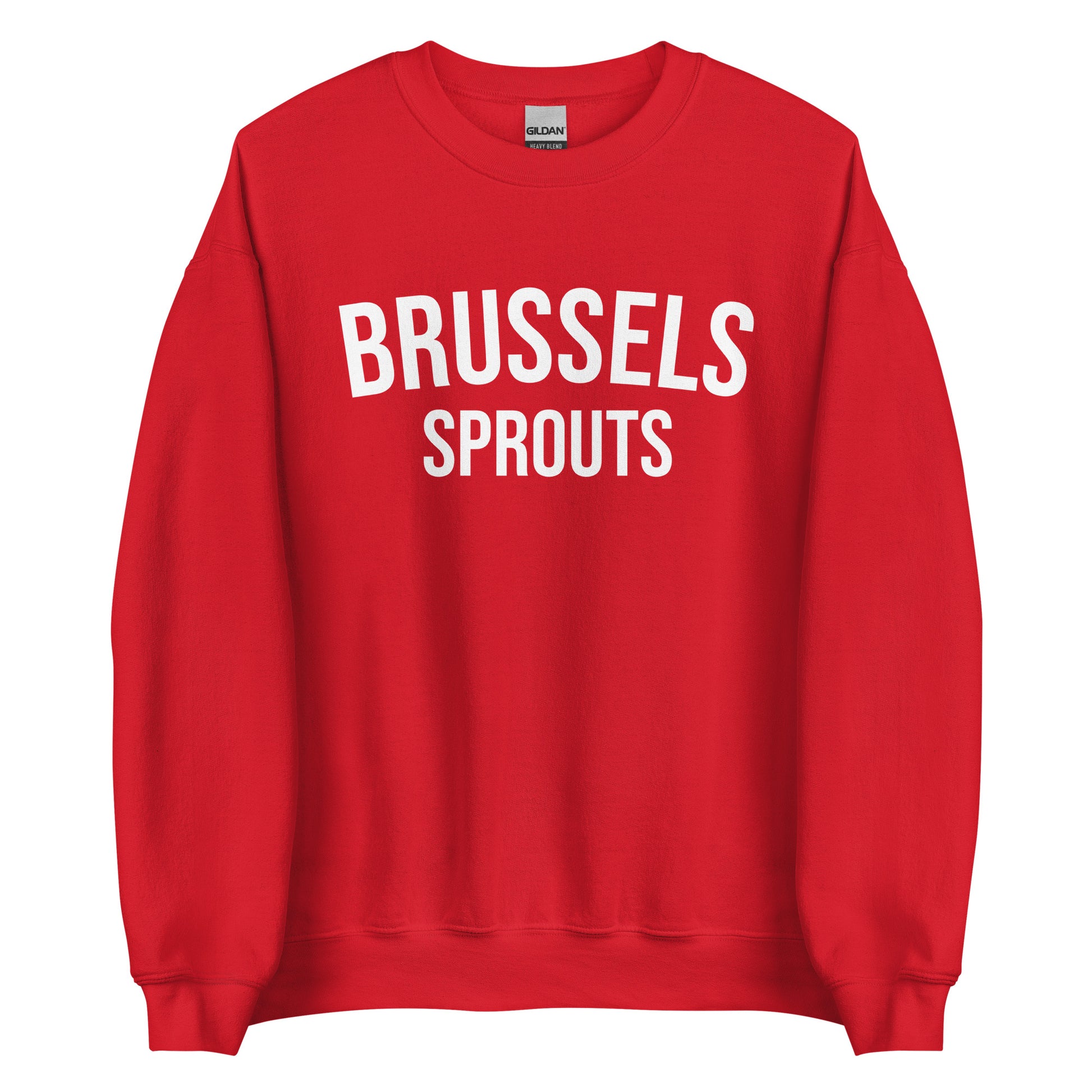 Red Brussels Sprouts Sweatshirt from Nina's Funky Shop by ninanush - Do you love Brussels sprouts? Looking for a funny foodie gift? Our Brussels Sprouts Crewneck Sweatshirt is just what you need. It's a unisex unique sweatshirt with "Brussels Sprouts" on the front. A funny foodie sweatshirt for Brussels Sprouts enthusiasts. This varsity style pickle sweatshirt is designed by Nina.