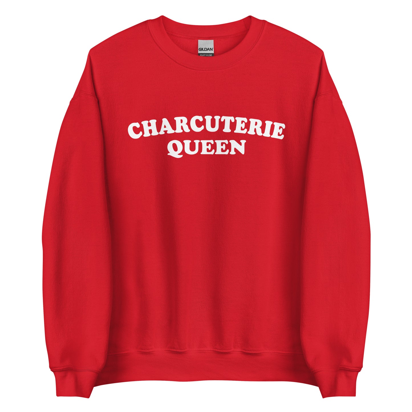 Red Charcuterie Queen Crewneck Sweatshirt from Nina's Funky Shop - Love charcuterie? Looking for a funny gift for a charcuterie enthusiast? Our Charcuterie Queen Crewneck Sweatshirt is just what you need. It's a unisex sweatshirt that comes in a variety of colors with "Charcuterie Queen", expertly printed on the front. The perfect funny college style sweatshirt for charcuterie lovers.