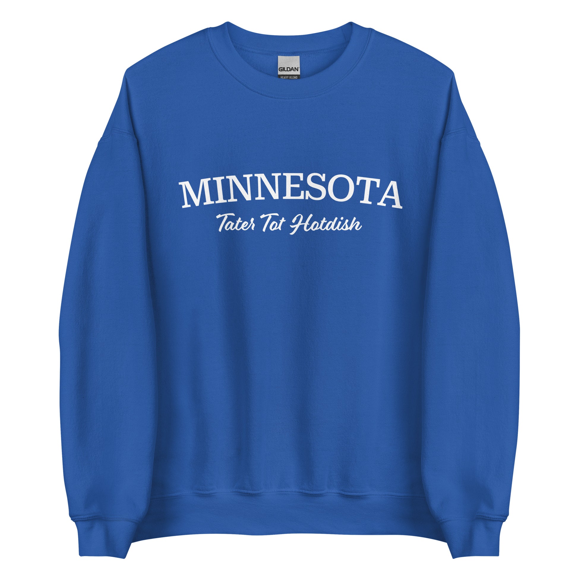 Royal Blue Minnesota tater tot hotdish sweatshirt from Nina's Funky Shop by ninanush - Love Tater Tot Hotdish? Looking for a funny Minnesota gift? Introducing our Minnesota Tater Tot Hotdish Sweatshirt! It's a Midwestern foodie sweatshirt with "Minnesota" and the unofficial MN state food "Tater Tot Hotdish" on the front. Perfect for cozy nights in or a statement sweatshirt for tater tot hotdish lovers.