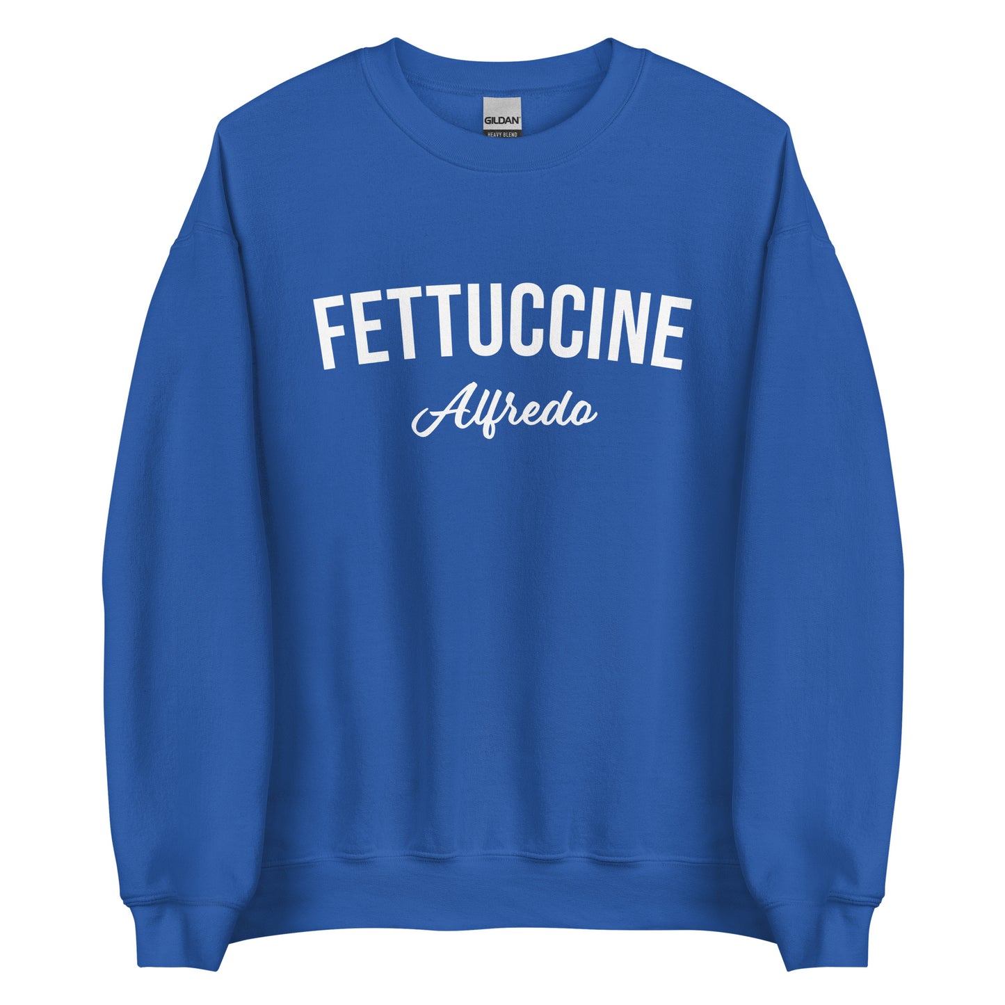 Royal Blue Fettuccine Alfredo Sweatshirt from Nina's Funky Shop by ninanush - Love fettuccine Alfredo? Looking for the perfect funny foodie gift? Introducing our Fettuccine Alfredo Sweatshirt. It's a unisex, varsity crew neck sweatshirt with "Fettuccine Alfredo", expertly printed on the front. For cozy nights in or stand out quirky streetwear, this pasta enthusiast sweatshirt is just what you need.