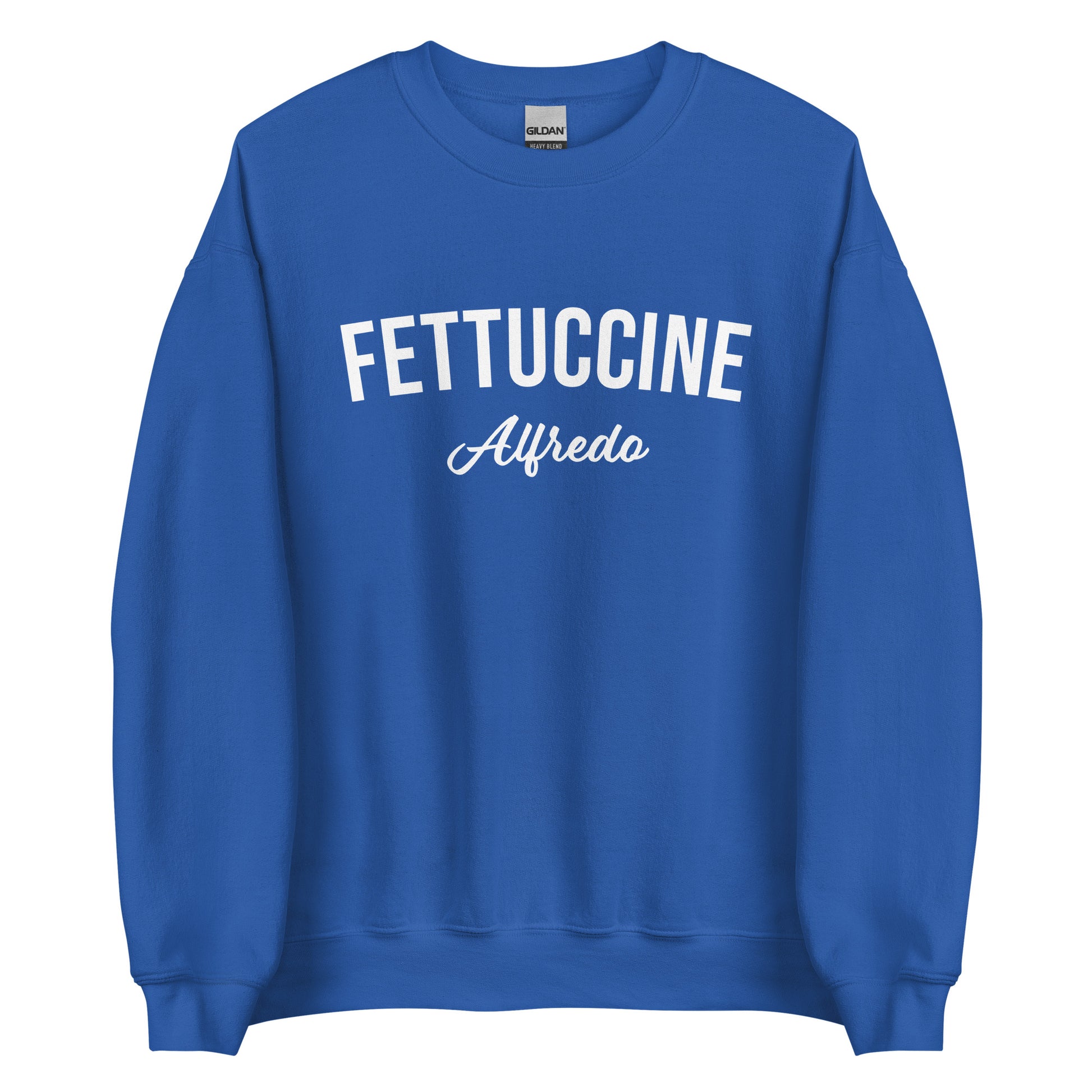 Royal Blue Fettuccine Alfredo Sweatshirt from Nina's Funky Shop by ninanush - Love fettuccine Alfredo? Looking for the perfect funny foodie gift? Introducing our Fettuccine Alfredo Sweatshirt. It's a unisex, varsity crew neck sweatshirt with "Fettuccine Alfredo", expertly printed on the front. For cozy nights in or stand out quirky streetwear, this pasta enthusiast sweatshirt is just what you need.