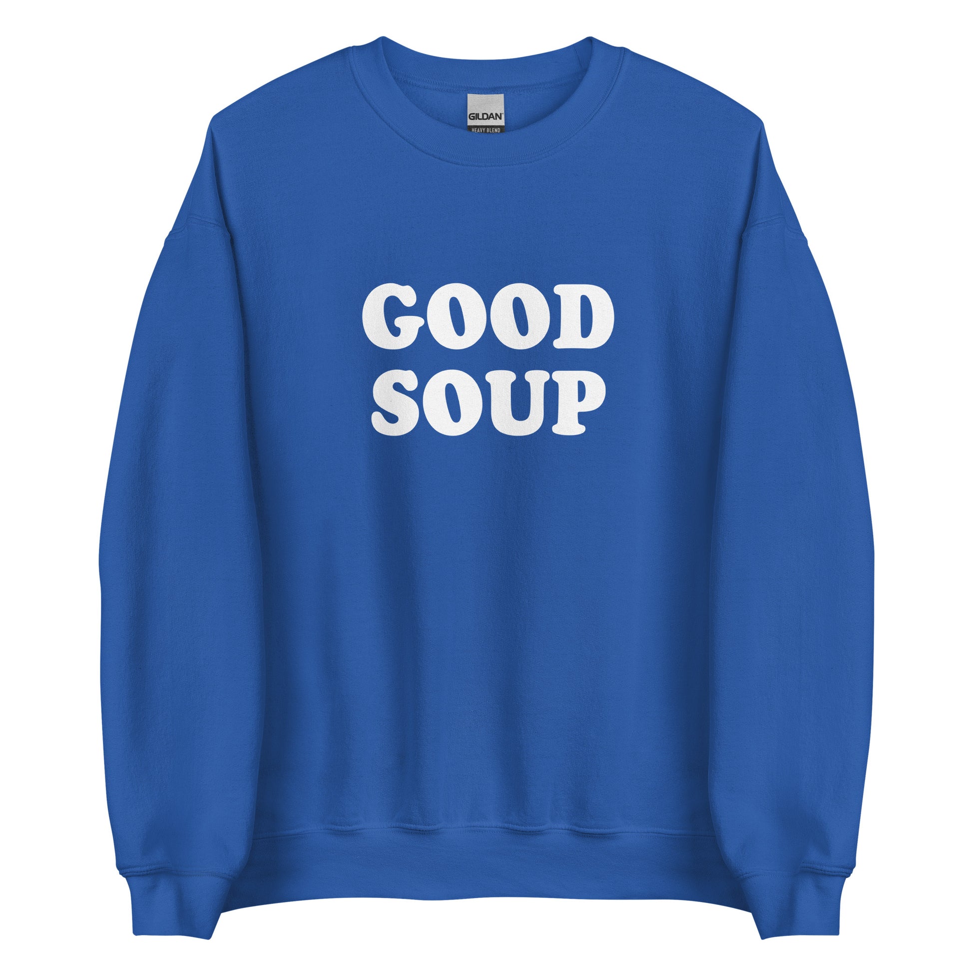 Royal Blue Good Soup Sweatshirt from Nina's Funky Shop by ninanush - Do you love soup? Looking for a funny gift? Our Good Soup Crewneck Sweatshirt is soft, comfortable and just what you need. It's a unisex sweatshirt that comes in a variety of colors with "Good Soup", expertly printed on the front. A unique and funny sweatshirt for cozy nights in or stand out Soup Lover streetwear. This quirky sweatshirt is designed by Nina and made just for you.