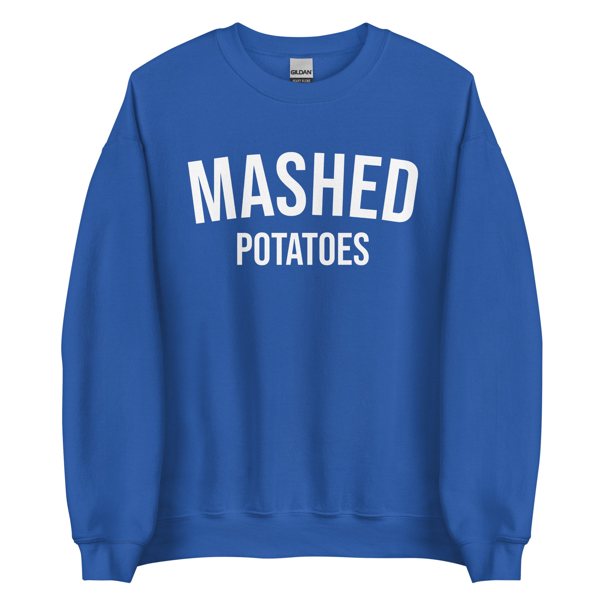 Royal Blue Mashed Potatoes Crewneck Sweatshirt from Nina's Funky Shop by ninanush - Do you love mashed potatoes? Looking for a funny foodie gift for a friend? Our Mashed Potatoes Crewneck Sweatshirt is soft, comfortable and just what you need. It's a unisex, varsity style, potato lover sweatshirt with "Mashed Potatoes" on the front. Show off your love of mashed potatoes in this funny holiday food sweatshirt.
