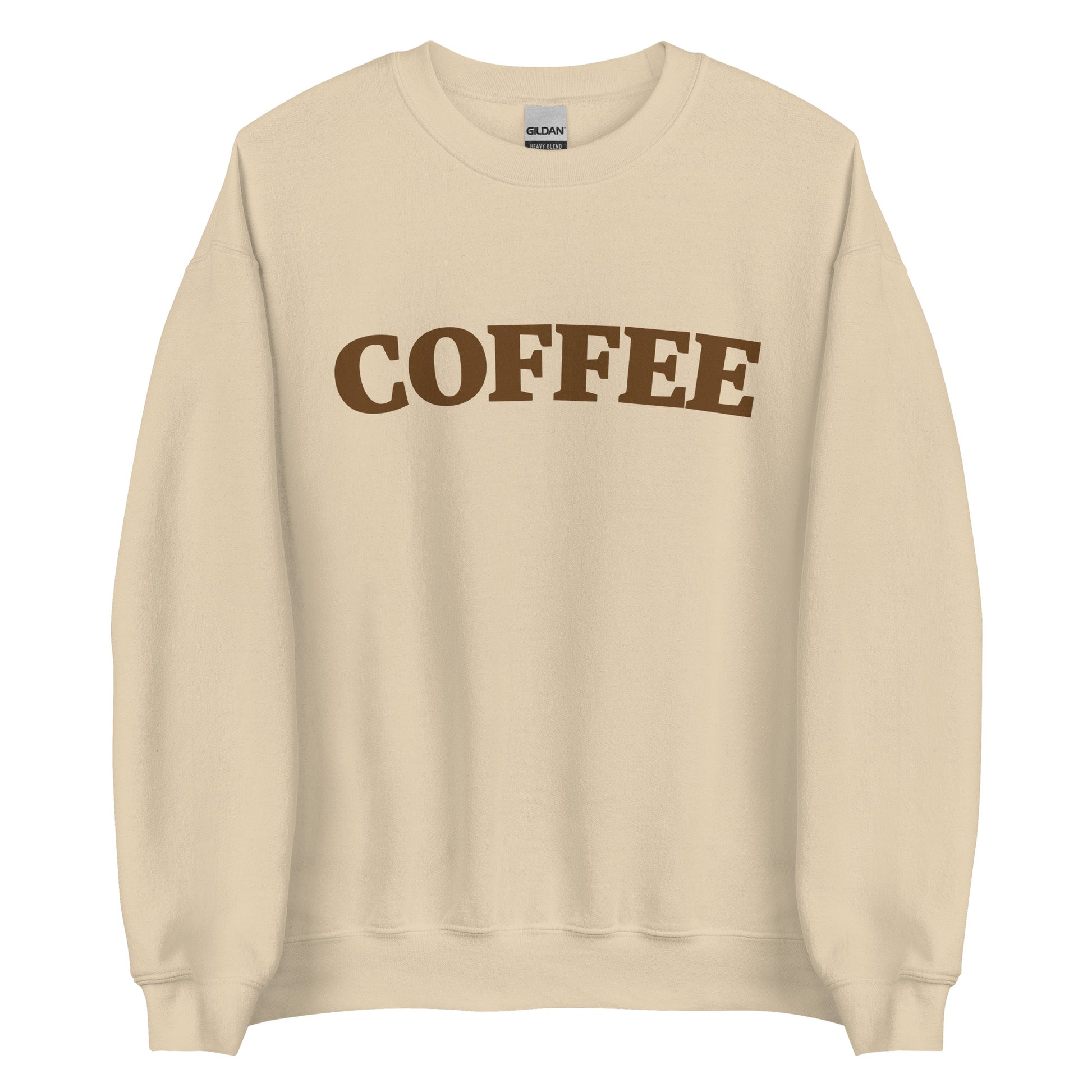 Khaki Coffee Sweatshirt by Nina's Funky Shop by ninanush - Big coffee drinker? Looking for a fun coffee lover gift? Our Coffee Sweatshirt is just what you need. It's a unisex varsity crew neck sweatshirt with "Coffee", expertly printed on the front. Perfect for cozy nights in or stand out streetwear, this coffee enthusiast sweatshirt is designed by Nina and made just for you.