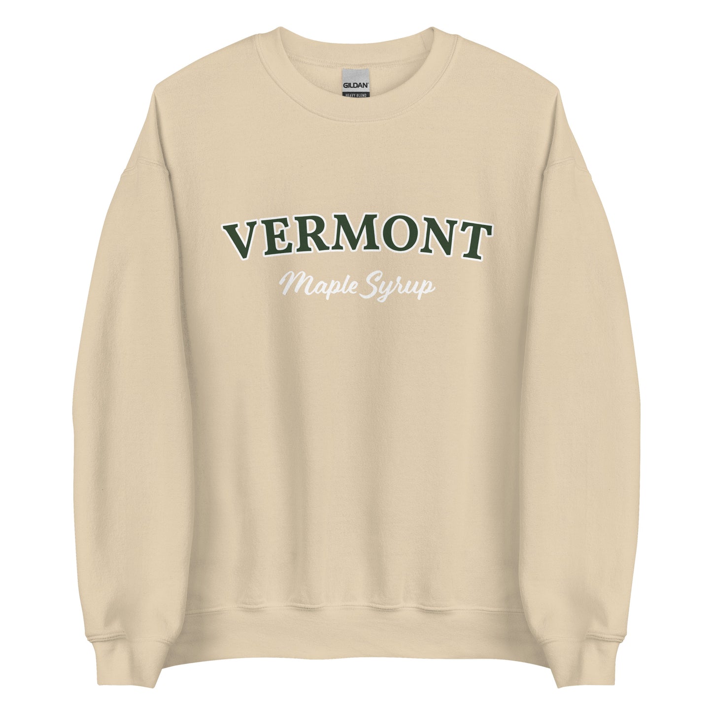 Beige Vermont Maple Syrup Sweatshirt from Nina's Funky Shop by ninanush - Love real maple syrup? Need a fun New England Gift? Our Vermont Maple Syrup Sweatshirt is just for you. It's a funny foodie sweatshirt for maple syrup lovers and foodies of all kinds. This unisex, crew neck sweatshirt has "Vermont Maple Syrup" on the front. The perfect Vermont Sweatshirt for maple syrup enthusiasts.