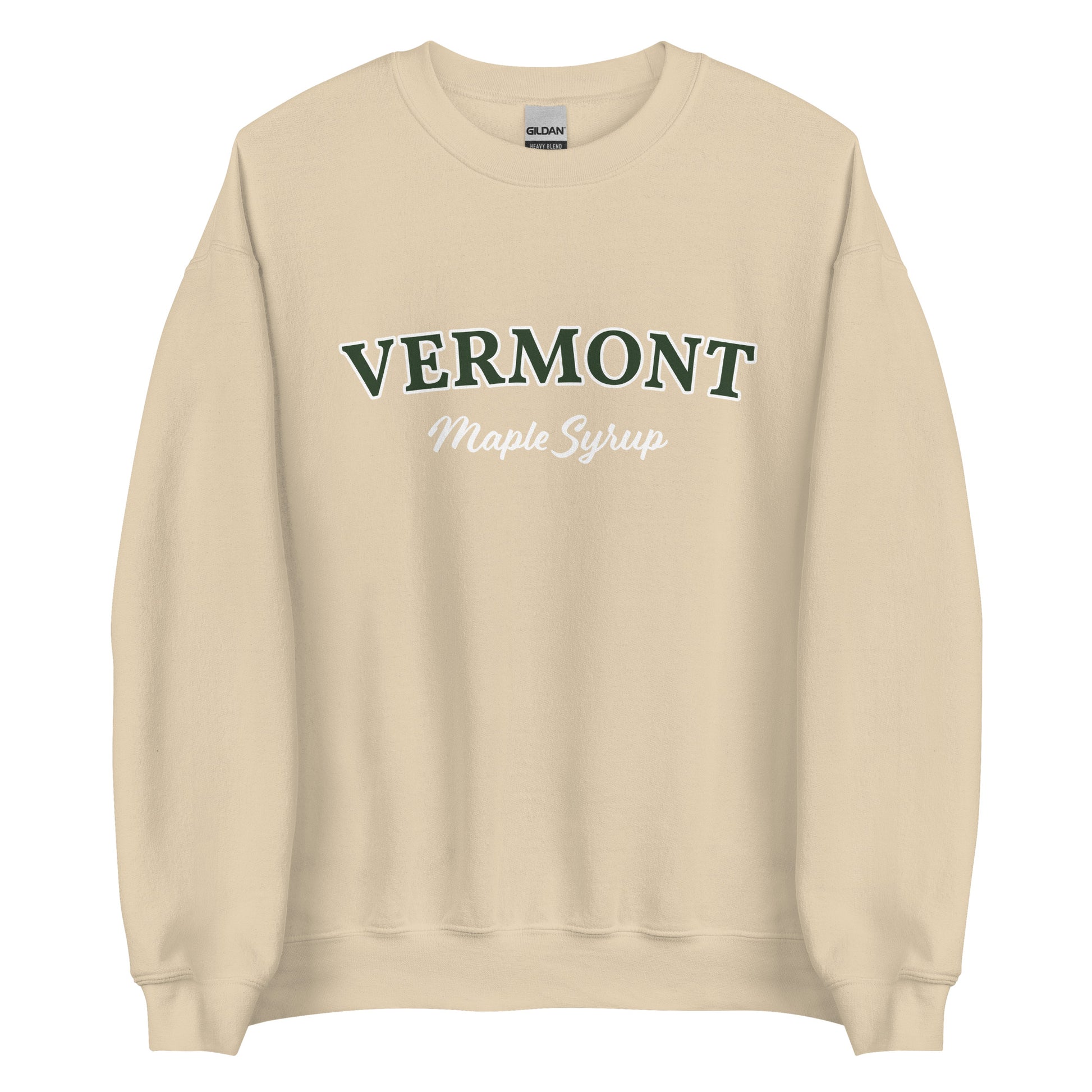 Beige Vermont Maple Syrup Sweatshirt from Nina's Funky Shop by ninanush - Love real maple syrup? Need a fun New England Gift? Our Vermont Maple Syrup Sweatshirt is just for you. It's a funny foodie sweatshirt for maple syrup lovers and foodies of all kinds. This unisex, crew neck sweatshirt has "Vermont Maple Syrup" on the front. The perfect Vermont Sweatshirt for maple syrup enthusiasts.