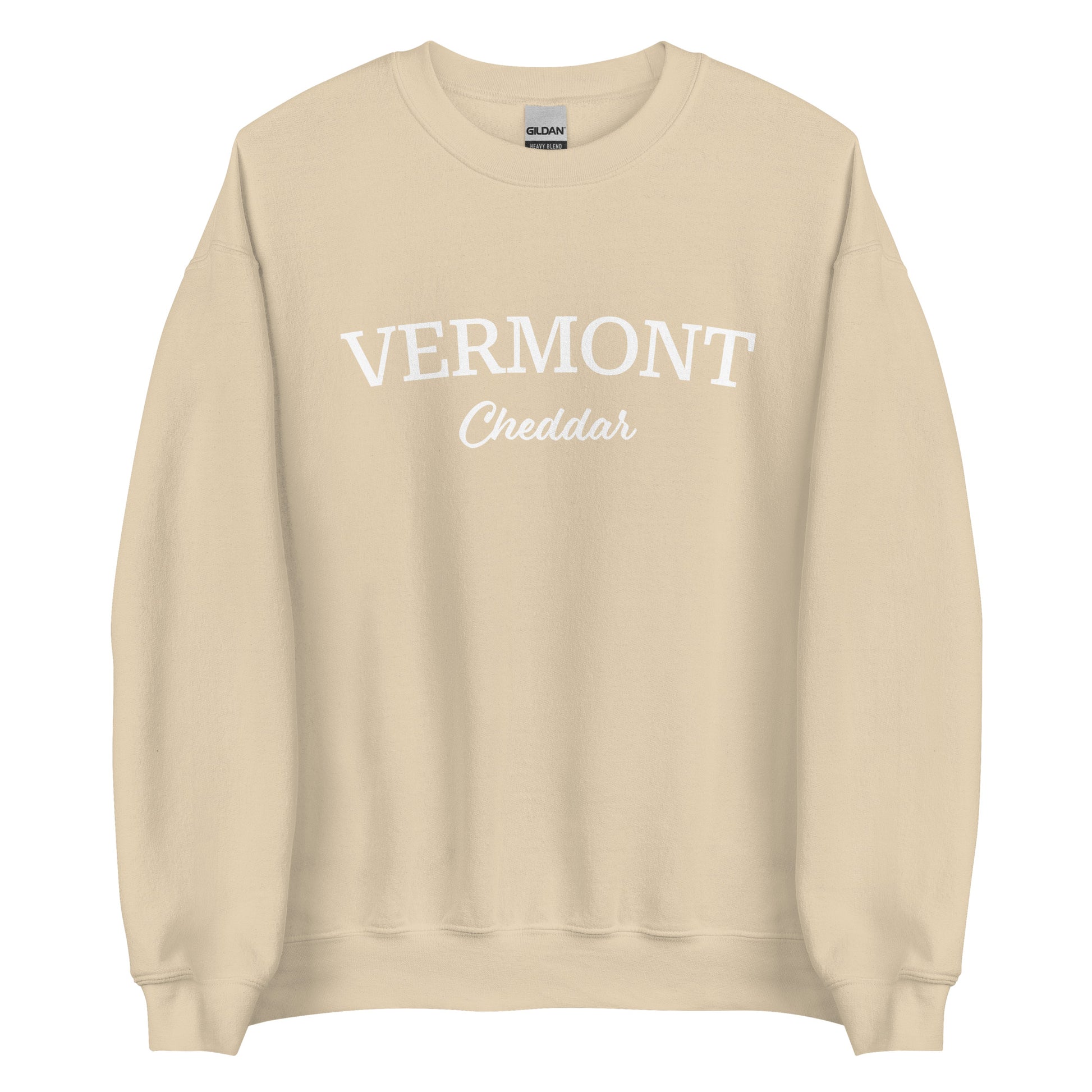 Beige Vermont Cheddar Sweatshirt from Nina's Funky Shop by ninanush - Do you love cheddar cheese? Looking for a food themed gift? Introducing our Vermont Cheddar Sweatshirt! It's a New England foodie sweatshirt for cheddar cheese lovers like you. This Vermont varsity sweatshirt is unisex and perfect for Vermonters. It's a cheddar enthusiast sweatshirt is designed by Nina and made just for you.