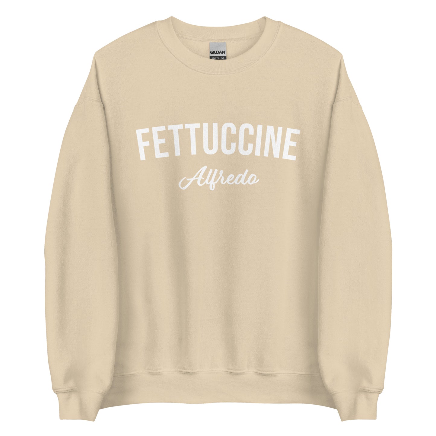 Beige Fettuccine Alfredo Sweatshirt from Nina's Funky Shop by ninanush - Love fettuccine Alfredo? Looking for the perfect funny foodie gift? Introducing our Fettuccine Alfredo Sweatshirt. It's a unisex, varsity crew neck sweatshirt with "Fettuccine Alfredo", expertly printed on the front. For cozy nights in or stand out quirky streetwear, this pasta enthusiast sweatshirt is just what you need.