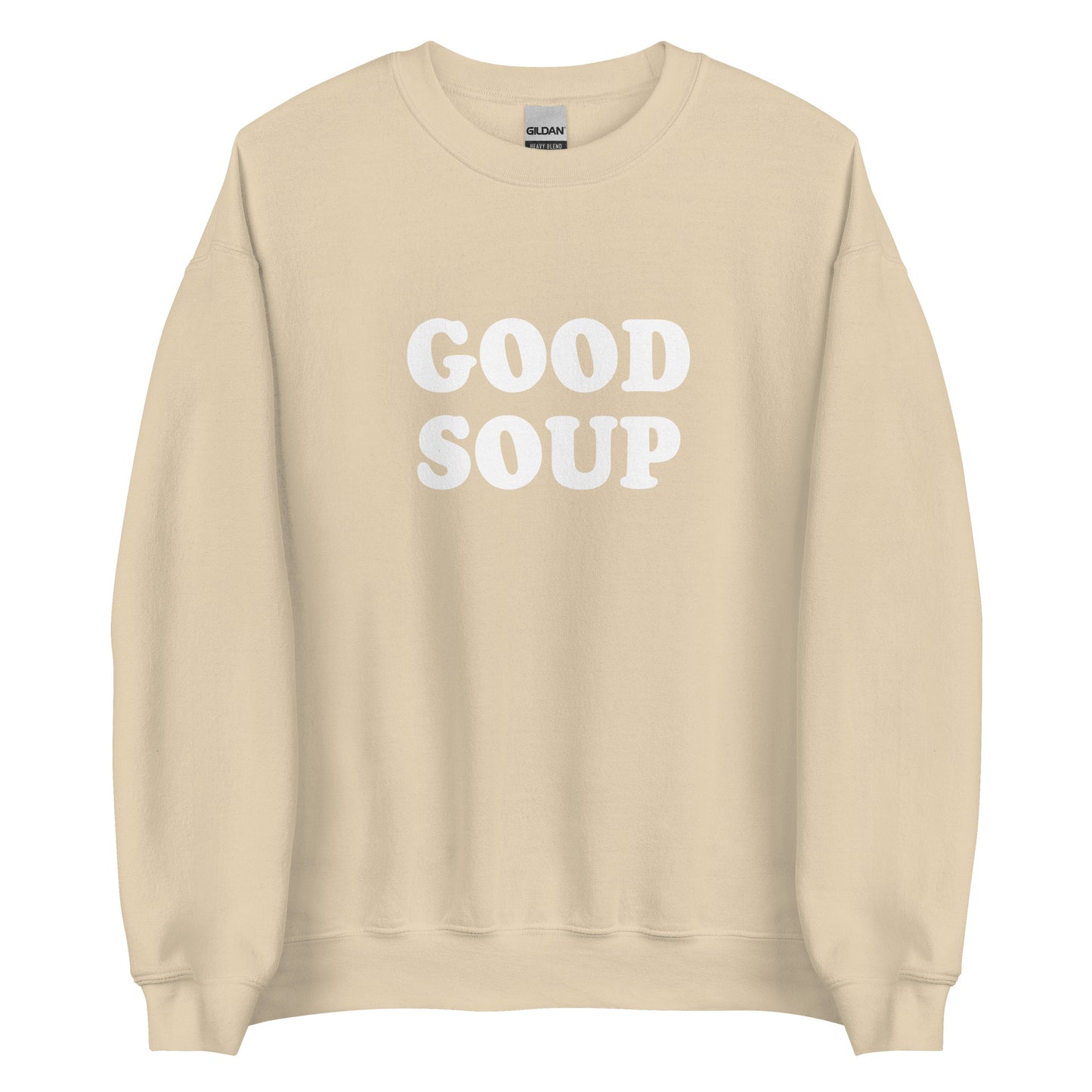 Beige Good Soup Sweatshirt from Nina's Funky Shop by ninanush - Do you love soup? Looking for a funny gift? Our Good Soup Crewneck Sweatshirt is soft, comfortable and just what you need. It's a unisex sweatshirt that comes in a variety of colors with "Good Soup", expertly printed on the front. A unique and funny sweatshirt for cozy nights in or stand out Soup Lover streetwear. This quirky sweatshirt is designed by Nina and made just for you.