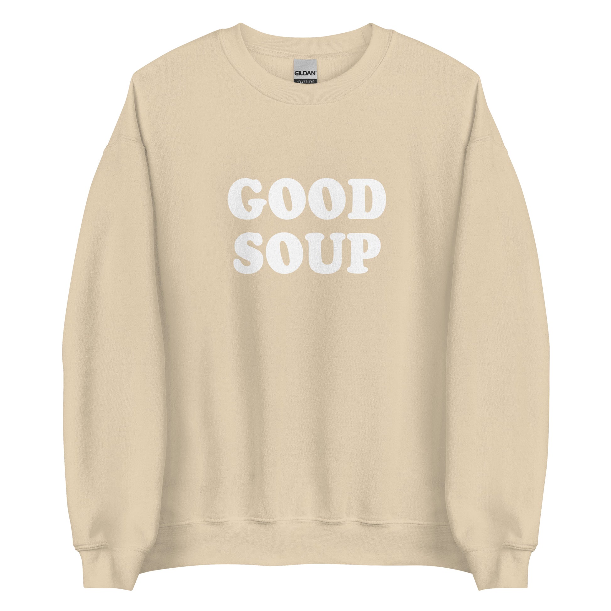 Beige Good Soup Sweatshirt from Nina's Funky Shop by ninanush - Do you love soup? Looking for a funny gift? Our Good Soup Crewneck Sweatshirt is soft, comfortable and just what you need. It's a unisex sweatshirt that comes in a variety of colors with "Good Soup", expertly printed on the front. A unique and funny sweatshirt for cozy nights in or stand out Soup Lover streetwear. This quirky sweatshirt is designed by Nina and made just for you.