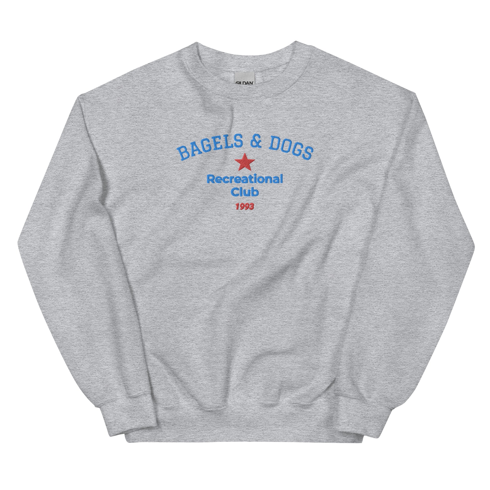 Light Gray bagels and dogs club sweatshirt from Nina's Funky Shop by ninanush - Do you love bagels and dogs? Looking for a funny gift for a friend? Our Bagels and Dogs Recreational Club Crewneck Sweatshirt is soft, comfortable and just what you need. It's a unisex sweatshirt that comes in a variety of colors with "Bagels And Dogs Recreational Club 1993", expertly embroidered on the front.