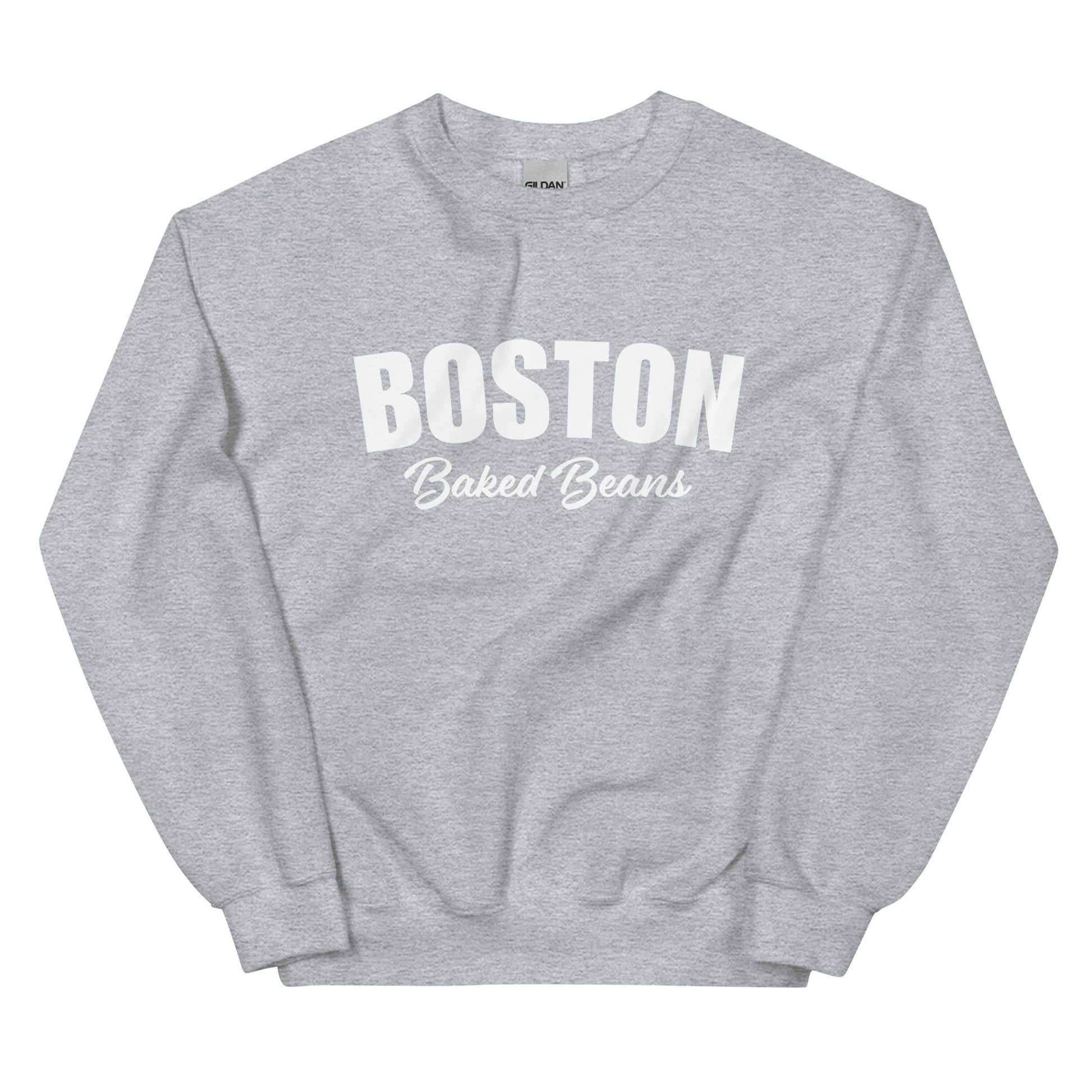 Light Gray Boston Baked Beans Sweatshirt from Nina's Funky Shop by ninanush - Fan of Boston Baked Beans? Need a fun gift for a New Englander? Introducing our Boston Baked Beans Sweatshirt! It's a funny foodie sweatshirt for Baked Beans. This unisex, varsity sweatshirt comes in a variety of colors with the words "Boston Baked Beans" on the front. Eat baked beans in style in this foodie sweatshirt.