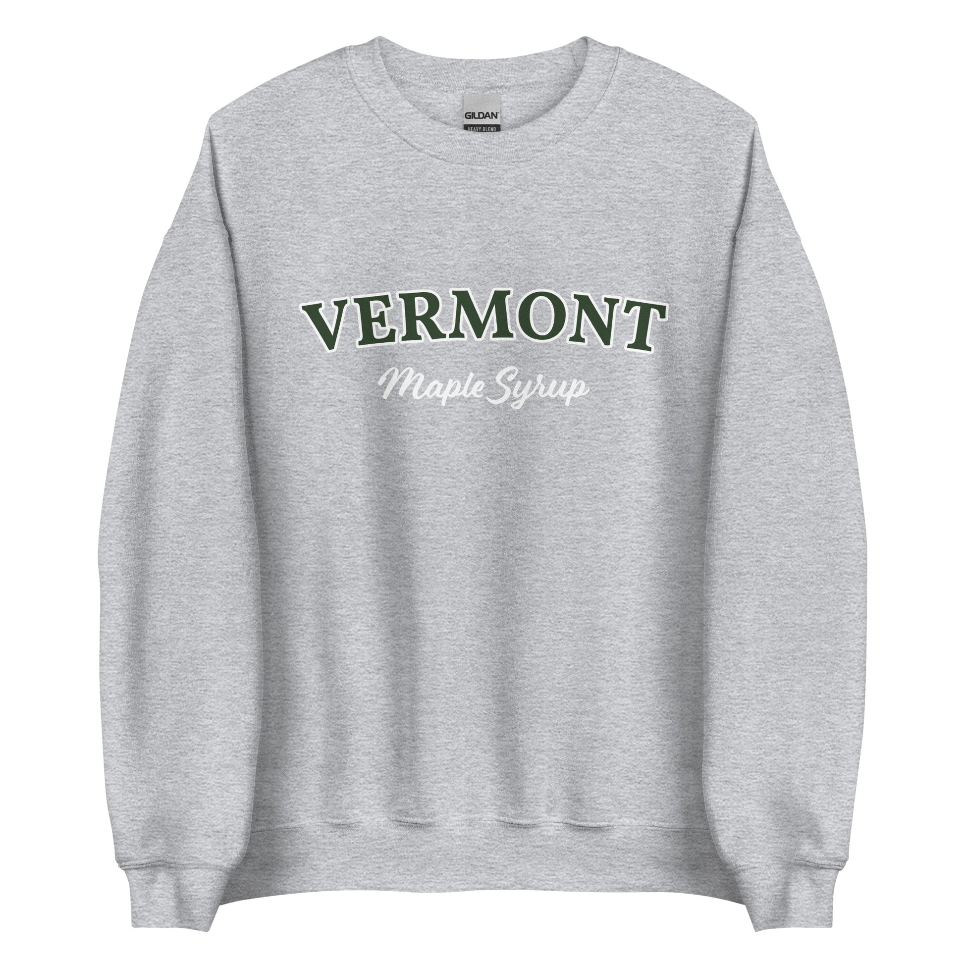 Gray Vermont Maple Syrup Sweatshirt from Nina's Funky Shop by ninanush - Love real maple syrup? Need a fun New England Gift? Our Vermont Maple Syrup Sweatshirt is just for you. It's a funny foodie sweatshirt for maple syrup lovers and foodies of all kinds. This unisex, crew neck sweatshirt has "Vermont Maple Syrup" on the front. The perfect Vermont Sweatshirt for maple syrup enthusiasts.