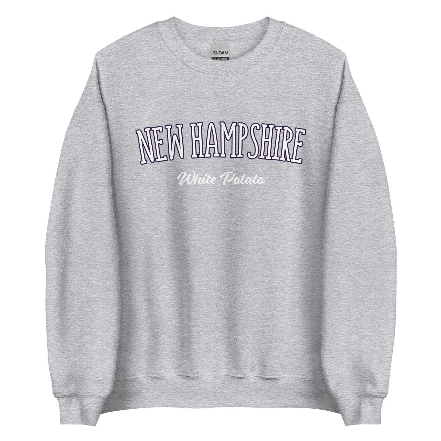 Light Gray New Hampshire White Potato Sweatshirt from Nina's Funky Shop by ninanush - Do you love white potatoes? Looking for a funny New Hampshire gift? Introducing our New Hampshire White Potato Sweatshirt! It's a unique New Hampshire sweatshirt for white potato lovers and New Englanders of all kinds. This unisex, crew neck sweatshirt is perfect for cozy New England nights in or stand out streetwear.