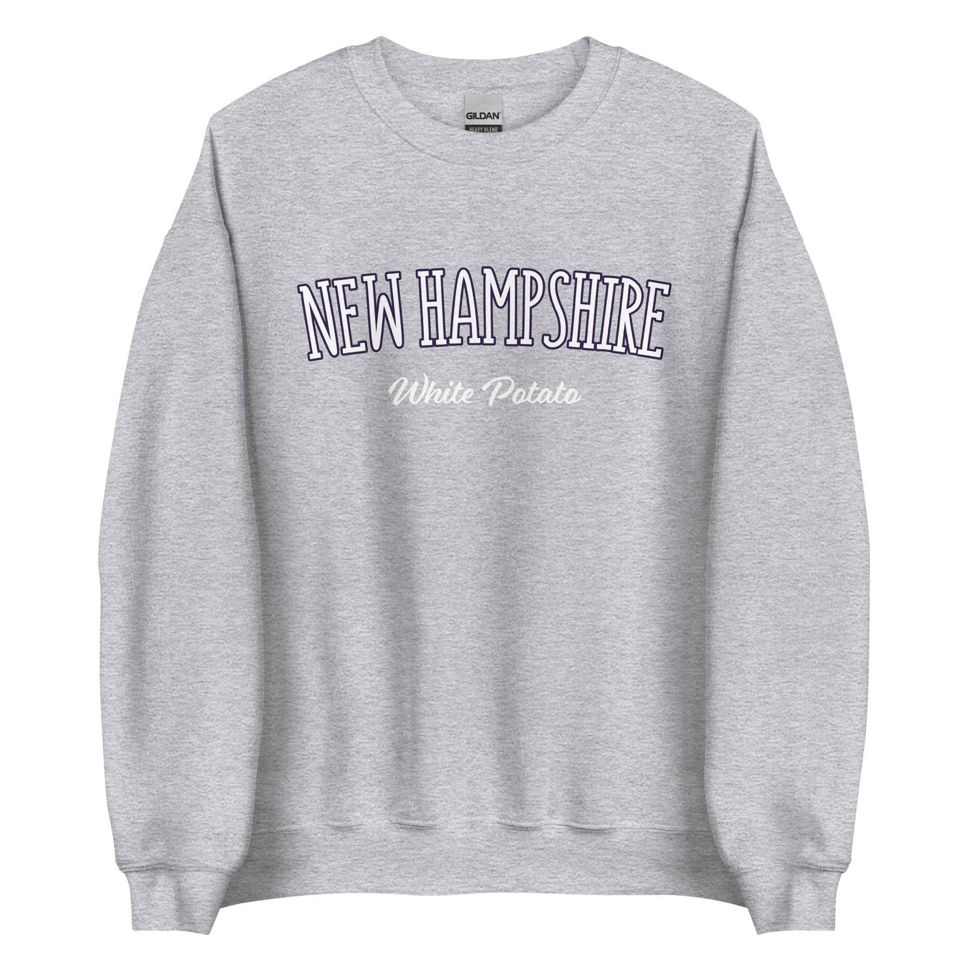 Light Gray New Hampshire White Potato Sweatshirt from Nina's Funky Shop by ninanush - Do you love white potatoes? Looking for a funny New Hampshire gift? Introducing our New Hampshire White Potato Sweatshirt! It's a unique New Hampshire sweatshirt for white potato lovers and New Englanders of all kinds. This unisex, crew neck sweatshirt is perfect for cozy New England nights in or stand out streetwear.