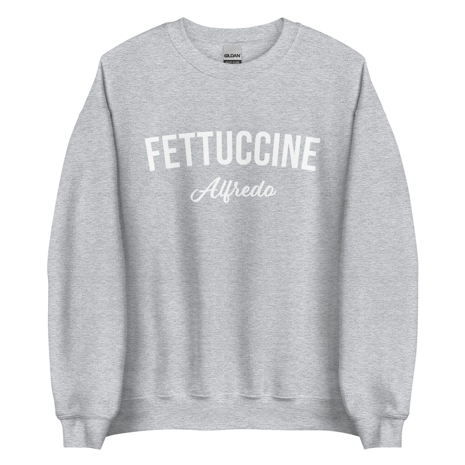 Light Gray Fettuccine Alfredo Sweatshirt from Nina's Funky Shop by ninanush - Love fettuccine Alfredo? Looking for the perfect funny foodie gift? Introducing our Fettuccine Alfredo Sweatshirt. It's a unisex, varsity crew neck sweatshirt with "Fettuccine Alfredo", expertly printed on the front. For cozy nights in or stand out quirky streetwear, this pasta enthusiast sweatshirt is just what you need.