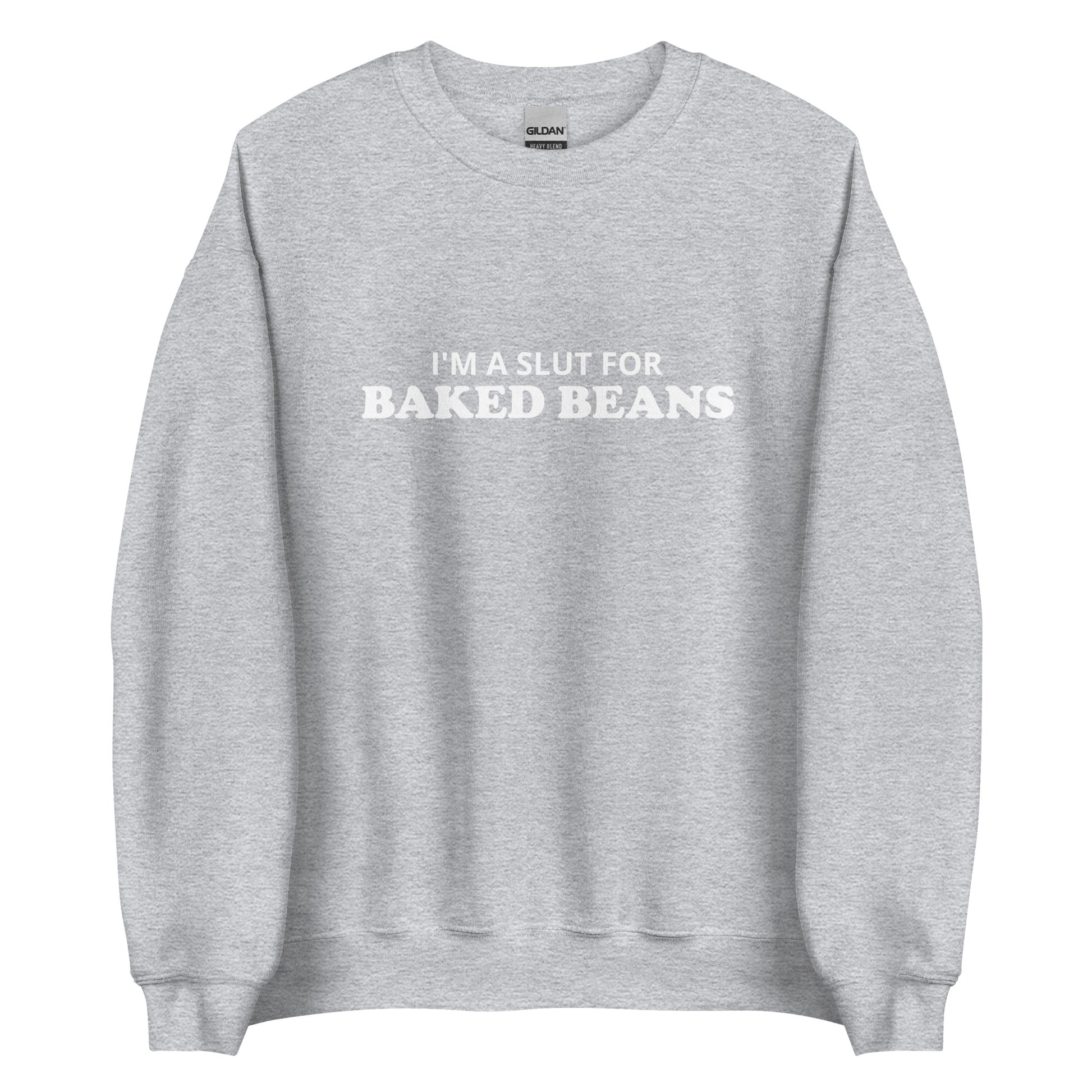 Light Gray I'm A Slut For Baked Beans Sweatshirt from Nina's Funky Shop by Ninanush - Do you love baked beans? Looking for a funny foodie gift? Our Slut For Baked Beans Crew Neck Sweatshirt is soft, comfortable and just what you need. It's a unisex foodie sweatshirt that comes in a variety of colors with "I'm A Slut For Baked Beans", expertly printed on the front. This baked beans enthusiast sweatshirt was designed by Nina and made just for you.