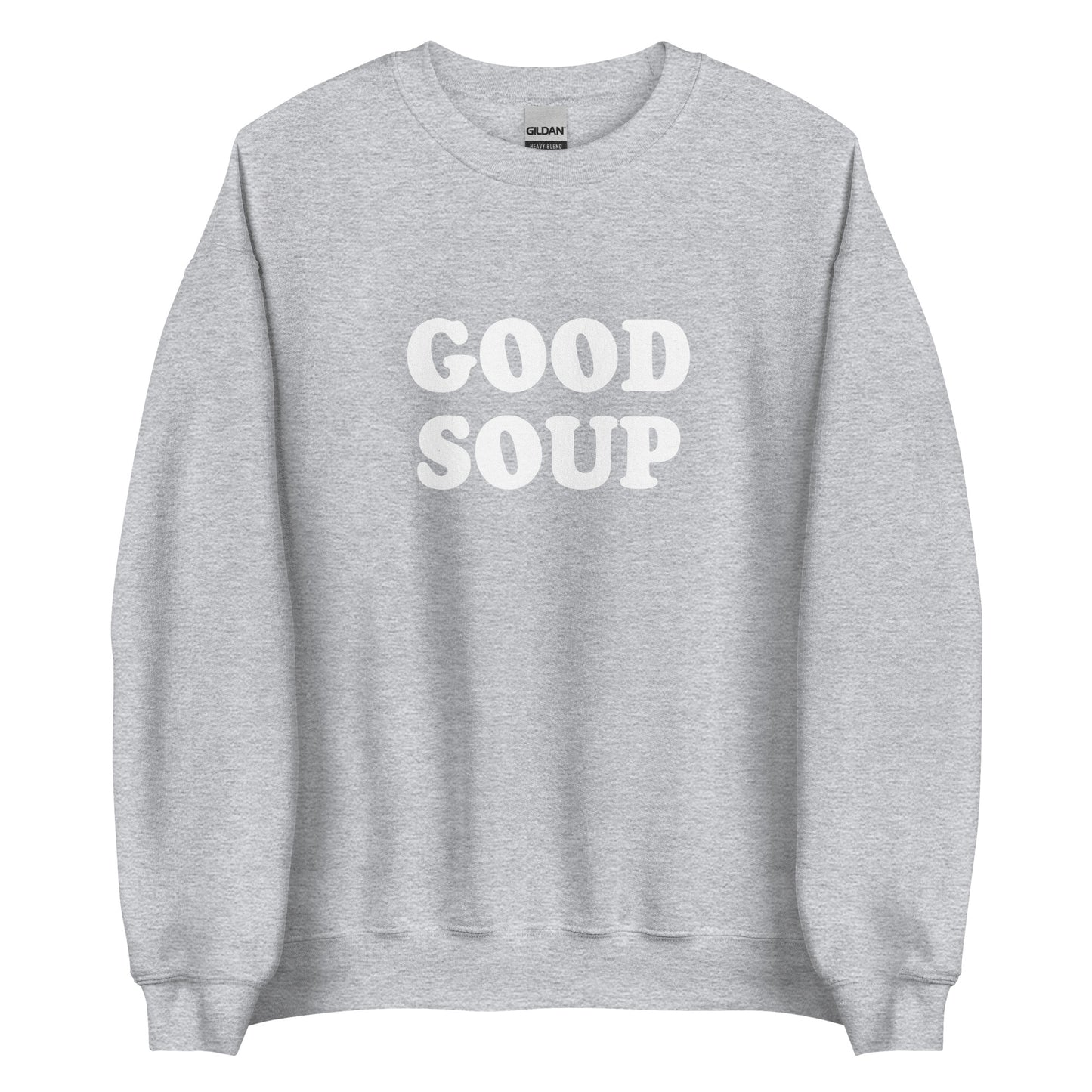 Light Gray Good Soup Sweatshirt from Nina's Funky Shop by ninanush - Do you love soup? Looking for a funny gift? Our Good Soup Crewneck Sweatshirt is soft, comfortable and just what you need. It's a unisex sweatshirt that comes in a variety of colors with "Good Soup", expertly printed on the front. A unique and funny sweatshirt for cozy nights in or stand out Soup Lover streetwear. This quirky sweatshirt is designed by Nina and made just for you.