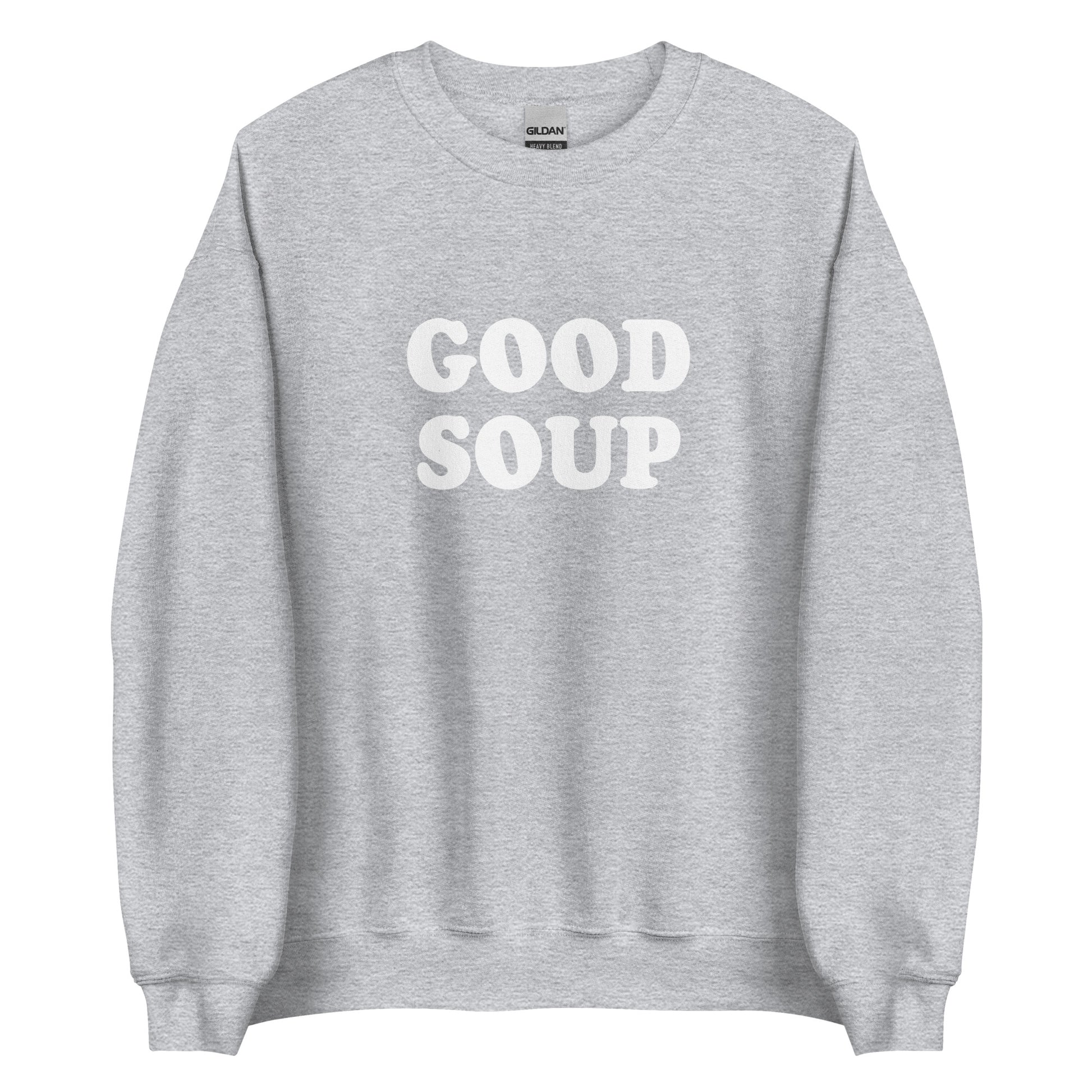 Light Gray Good Soup Sweatshirt from Nina's Funky Shop by ninanush - Do you love soup? Looking for a funny gift? Our Good Soup Crewneck Sweatshirt is soft, comfortable and just what you need. It's a unisex sweatshirt that comes in a variety of colors with "Good Soup", expertly printed on the front. A unique and funny sweatshirt for cozy nights in or stand out Soup Lover streetwear. This quirky sweatshirt is designed by Nina and made just for you.