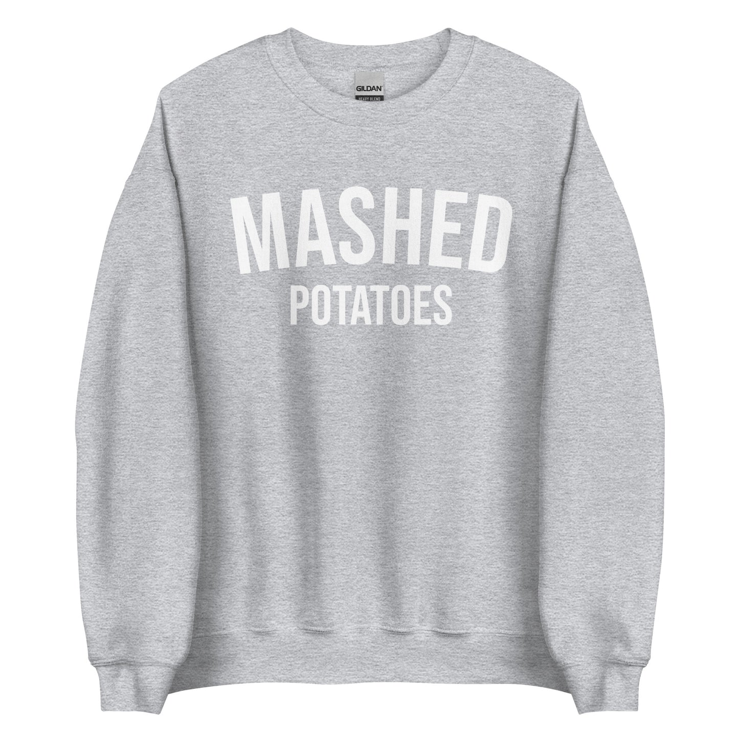 Light Gray Mashed Potatoes Crewneck Sweatshirt from Nina's Funky Shop by ninanush - Do you love mashed potatoes? Looking for a funny foodie gift for a friend? Our Mashed Potatoes Crewneck Sweatshirt is soft, comfortable and just what you need. It's a unisex, varsity style, potato lover sweatshirt with "Mashed Potatoes" on the front. Show off your love of mashed potatoes in this funny holiday food sweatshirt.