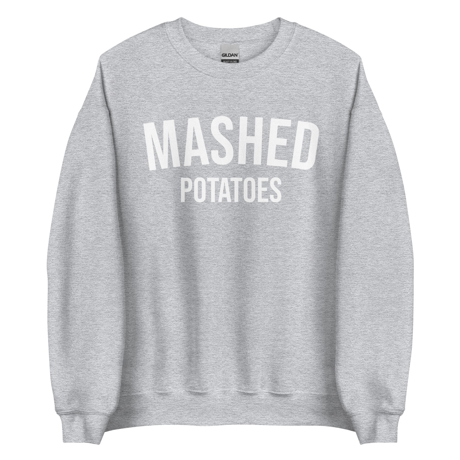 Light Gray Mashed Potatoes Crewneck Sweatshirt from Nina's Funky Shop by ninanush - Do you love mashed potatoes? Looking for a funny foodie gift for a friend? Our Mashed Potatoes Crewneck Sweatshirt is soft, comfortable and just what you need. It's a unisex, varsity style, potato lover sweatshirt with "Mashed Potatoes" on the front. Show off your love of mashed potatoes in this funny holiday food sweatshirt.