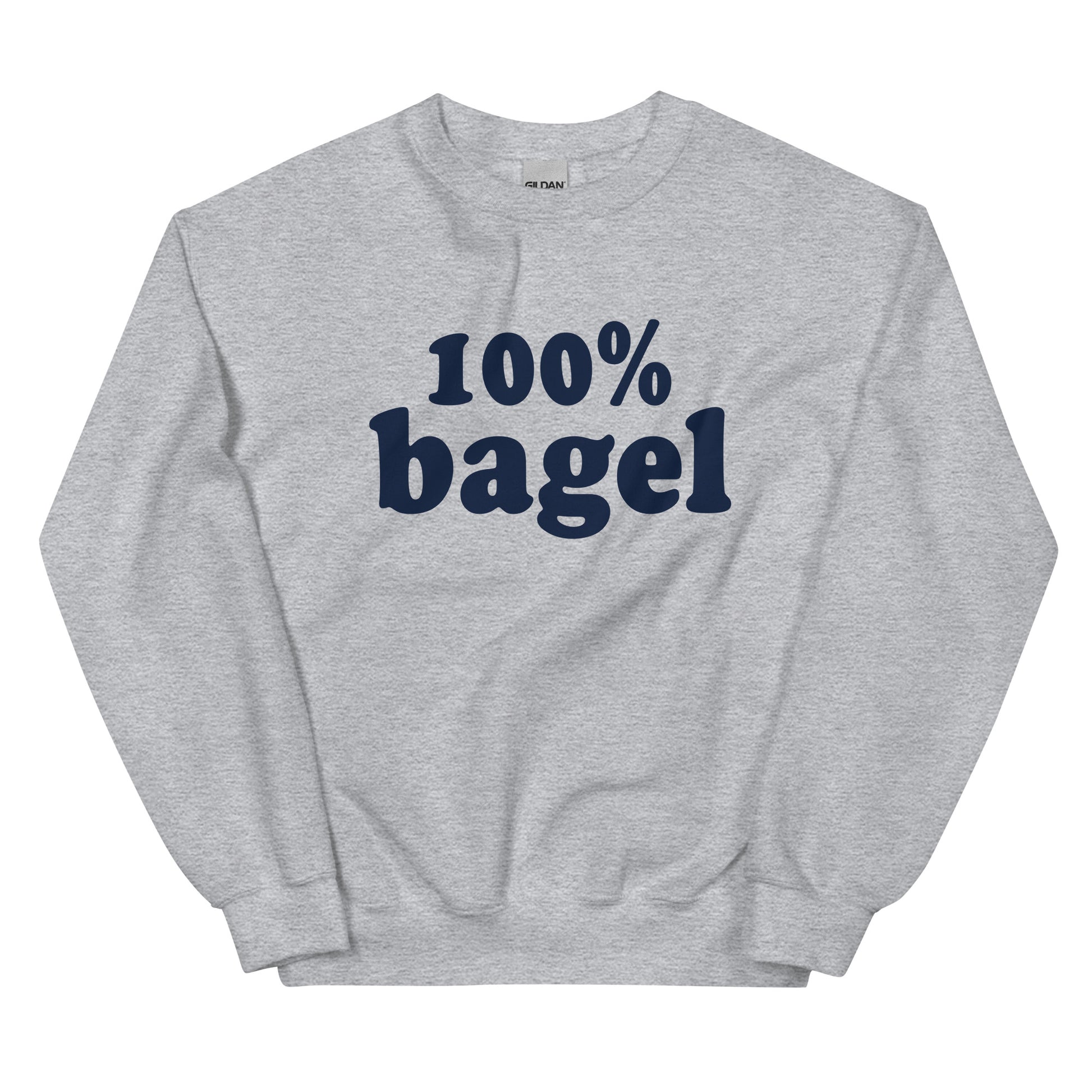 Gray Bagel Sweatshirt - Love bagels? Looking for a gift for a bagel enthusiast? Our 100% Bagel Sweatshirt is soft, cozy and made just for you! It's a funny sweatshirt for bagel lovers, expertly printed and perfect for everyday streetwear. Eat your favorite bagels in style in our bagel crewneck sweeatshirt. 
