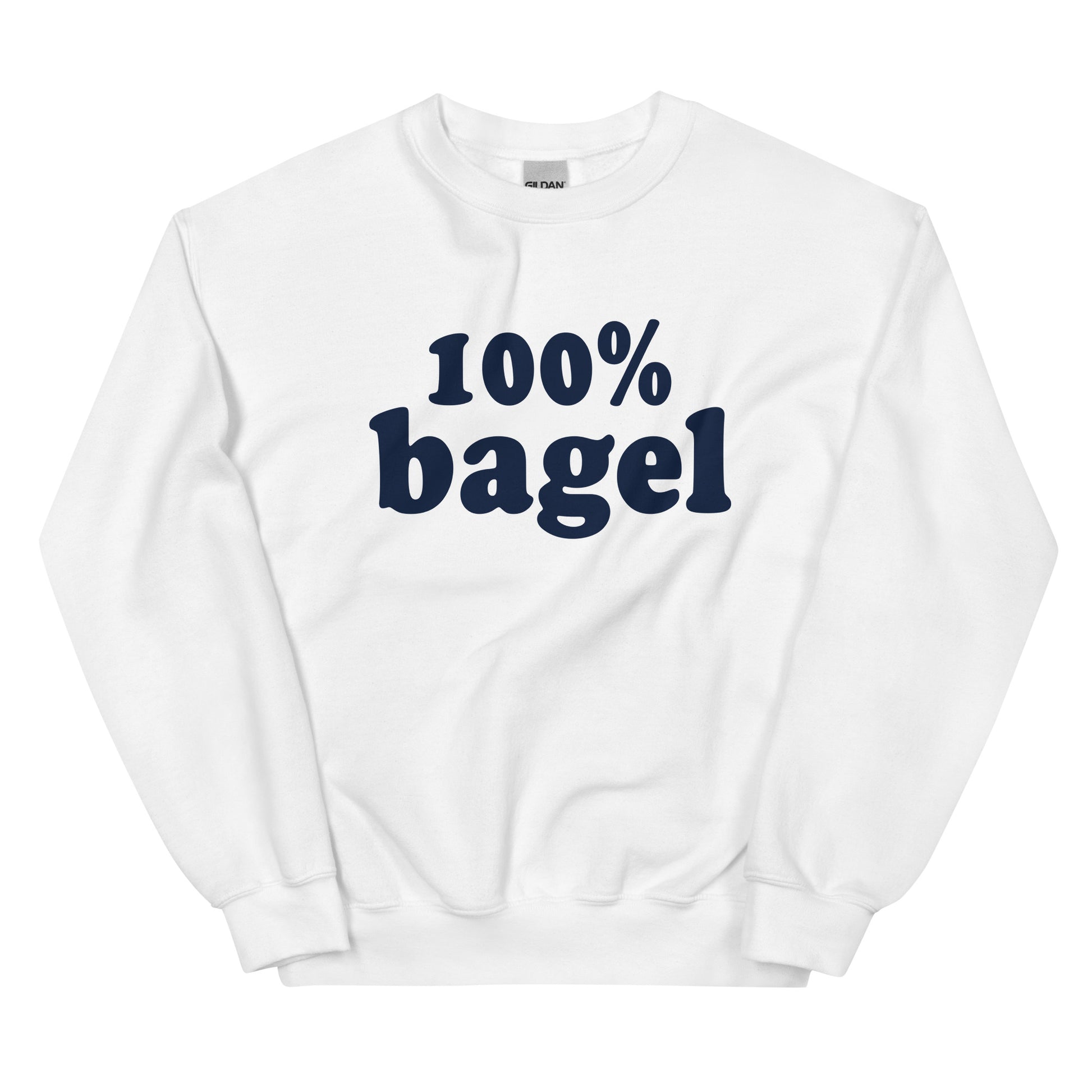 White Bagel Sweatshirt - Love bagels? Looking for a gift for a bagel enthusiast? Our 100% Bagel Sweatshirt is soft, cozy and made just for you! It's a funny sweatshirt for bagel lovers, expertly printed and perfect for everyday streetwear. Eat your favorite bagels in style in our bagel crewneck sweeatshirt. 
