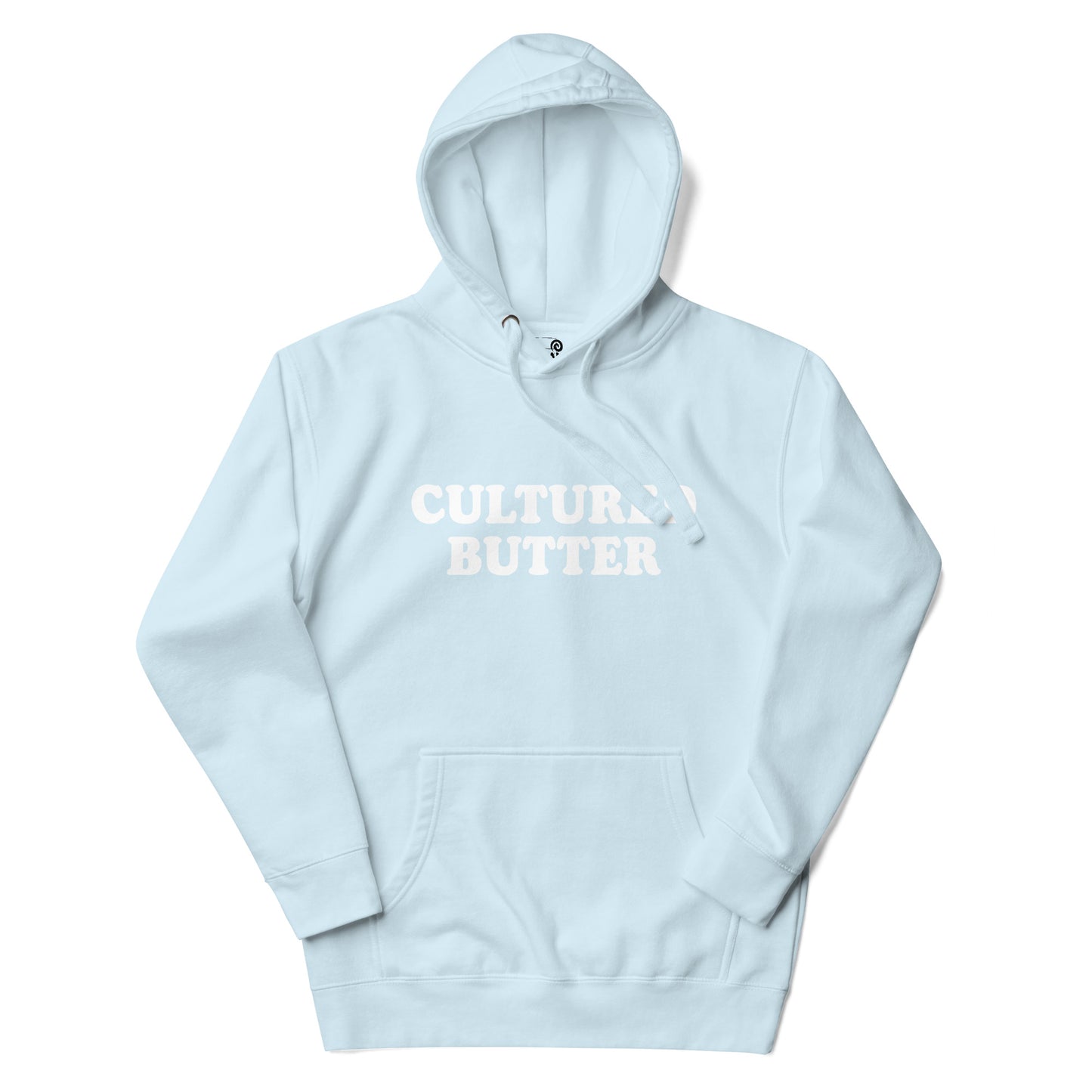 Light Blue Cultured Butter Hoodie from Nina's Funky Shop by Ninanush - Do you love butter? Looking for a funny gift for a friend? Our Colorful Cultured Butter Hoodie is soft, comfortable and just what you need. It's a unisex hoodie that comes in a variety of colors with "cultured butter", expertly printed on the front. This cultured butter enthusiast hoodie is bold and made just for you.