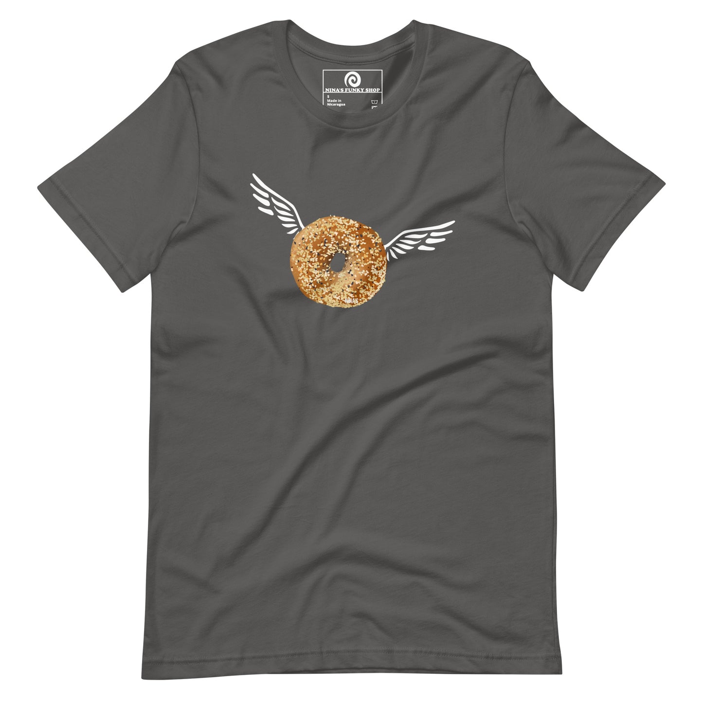 Asphalt Angel Bagel T-Shirt - Do you love everything bagels? Looking for a gift for your favorite bagel enthusiast? This Angel Bagel T-shirt is just what you need! It's a soft and comfortable with a funky hand drawn bagel design, expertly printed on the front. Celebrate your favorite foods in our funky foodie clothing, designed by Nina and made just for you.