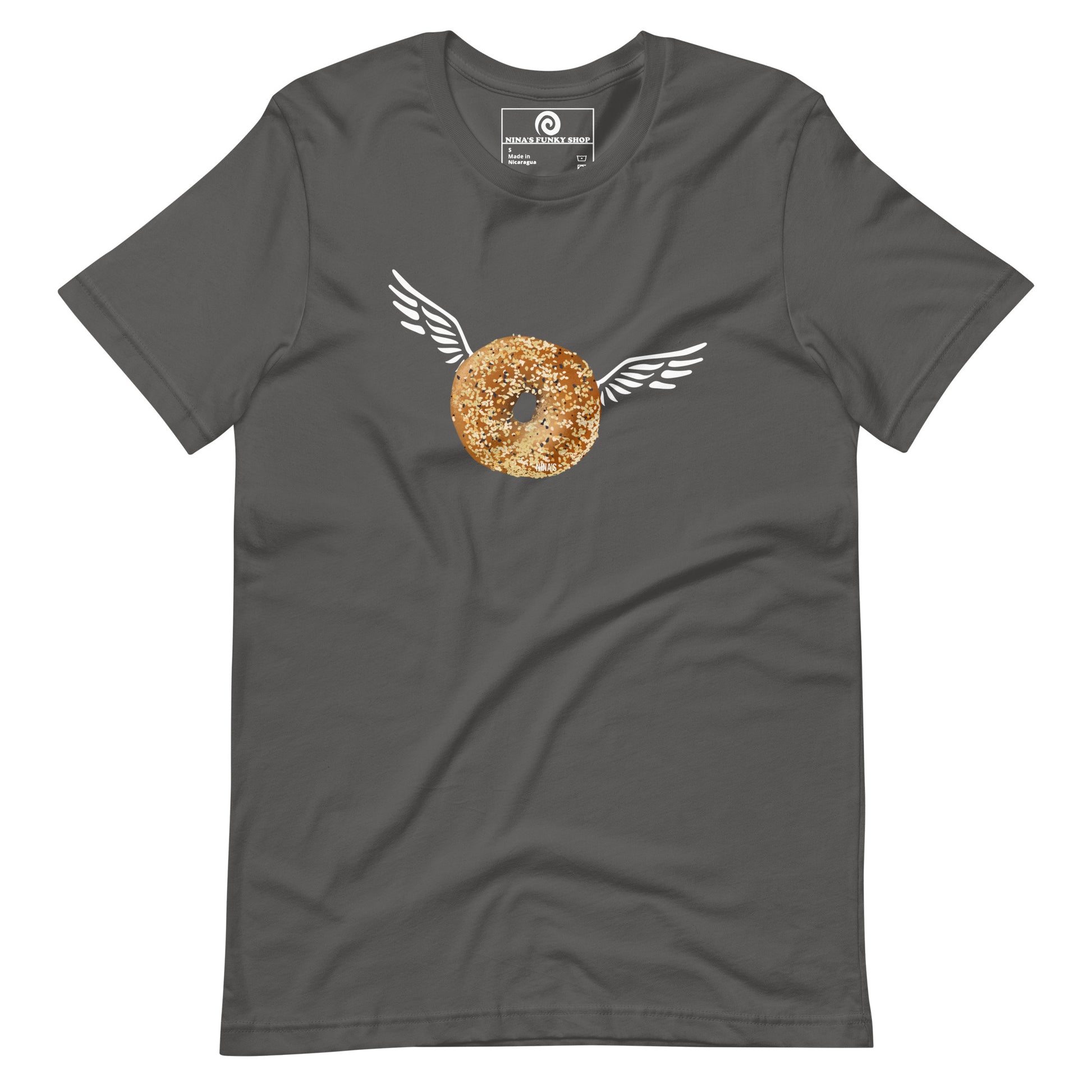 Asphalt Angel Bagel T-Shirt - Do you love everything bagels? Looking for a gift for your favorite bagel enthusiast? This Angel Bagel T-shirt is just what you need! It's a soft and comfortable with a funky hand drawn bagel design, expertly printed on the front. Celebrate your favorite foods in our funky foodie clothing, designed by Nina and made just for you.