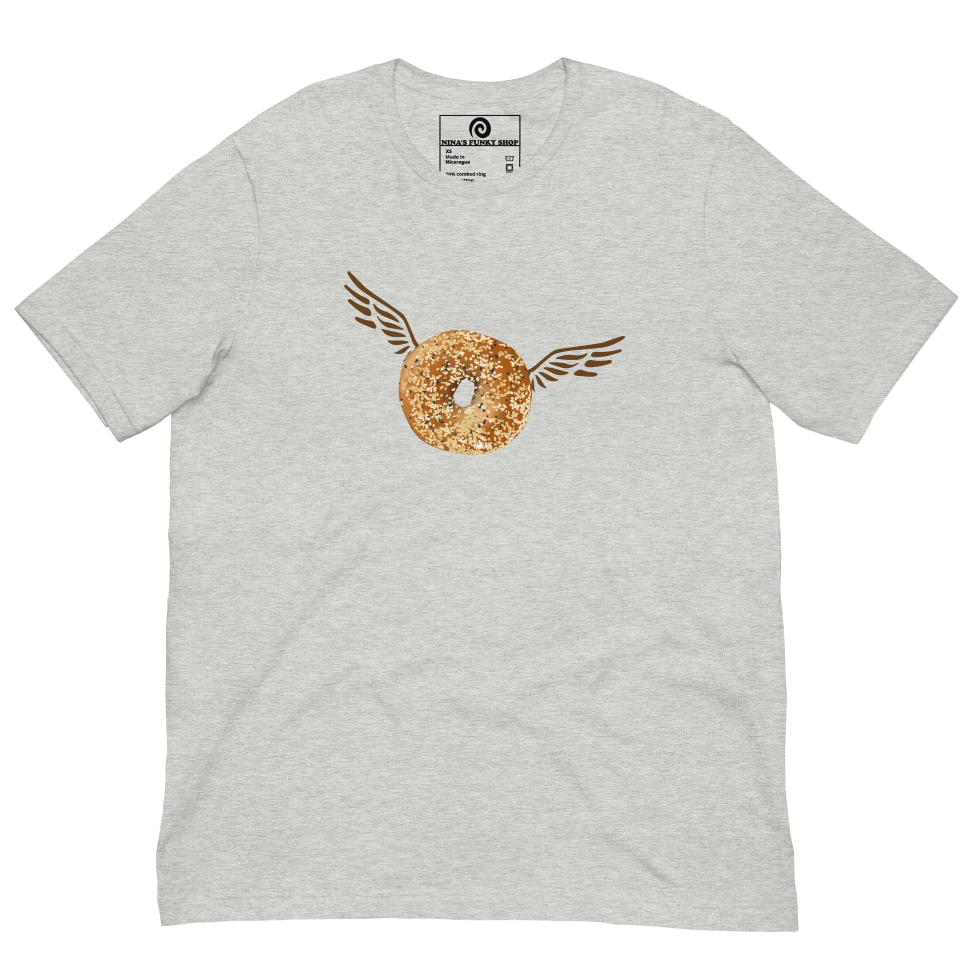 Gray Angel Bagel T-Shirt - Do you love everything bagels? Looking for a gift for your favorite bagel enthusiast? This Angel Bagel T-shirt is just what you need! It's a soft and comfortable with a funky hand drawn bagel design, expertly printed on the front. Celebrate your favorite foods in our funky foodie clothing, designed by Nina and made just for you.