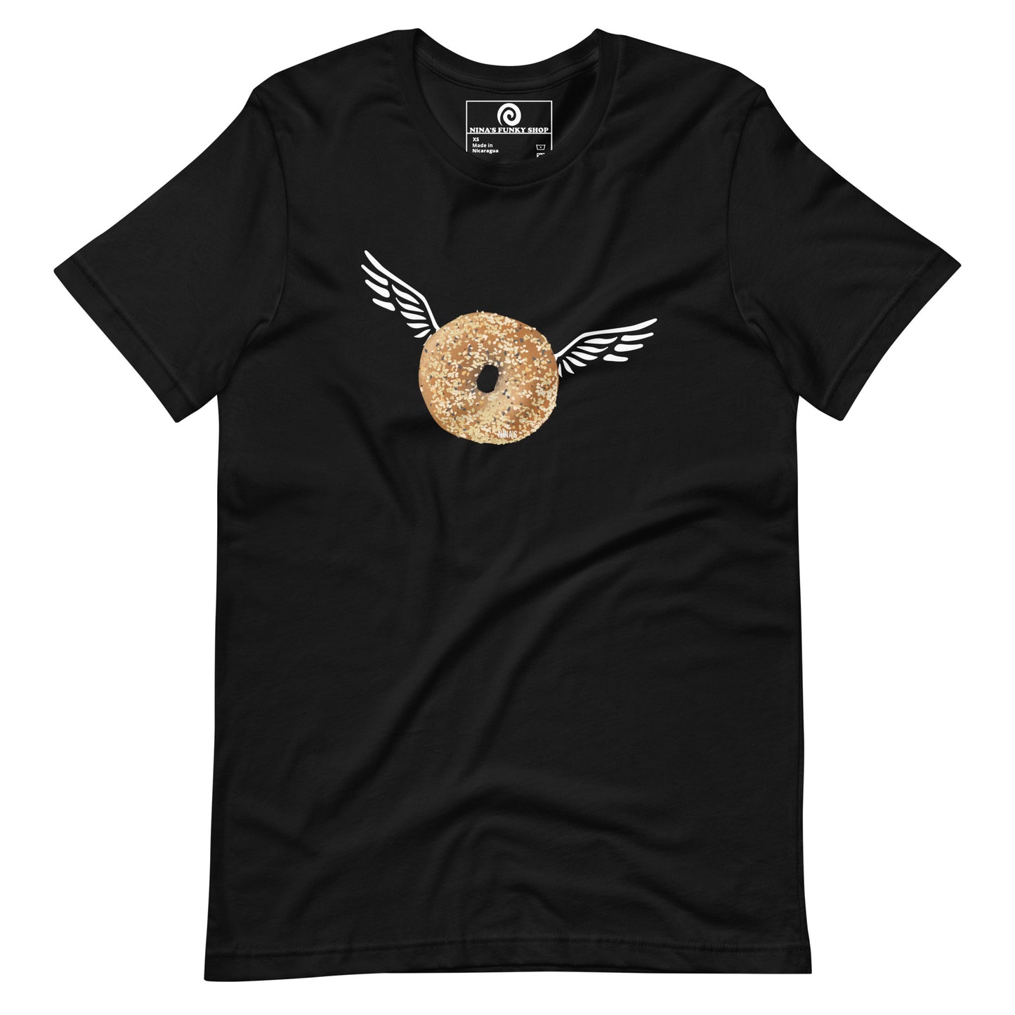 Black Angel Bagel T-Shirt - Do you love everything bagels? Looking for a gift for your favorite bagel enthusiast? This Angel Bagel T-shirt is just what you need! It's a soft and comfortable with a funky hand drawn bagel design, expertly printed on the front. Celebrate your favorite foods in our funky foodie clothing, designed by Nina and made just for you.