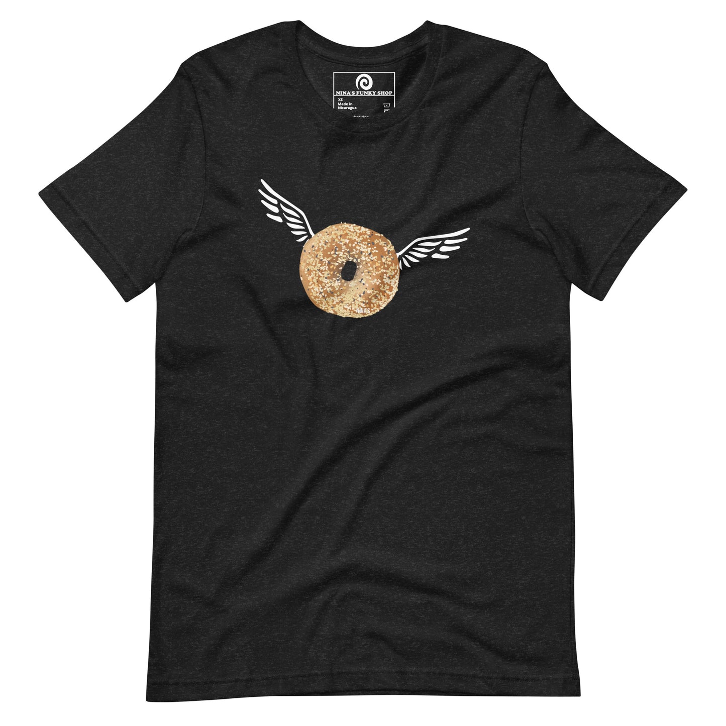 Dark Gray Angel Bagel T-Shirt - Do you love everything bagels? Looking for a gift for your favorite bagel enthusiast? This Angel Bagel T-shirt is just what you need! It's a soft and comfortable with a funky hand drawn bagel design, expertly printed on the front. Celebrate your favorite foods in our funky foodie clothing, designed by Nina and made just for you.