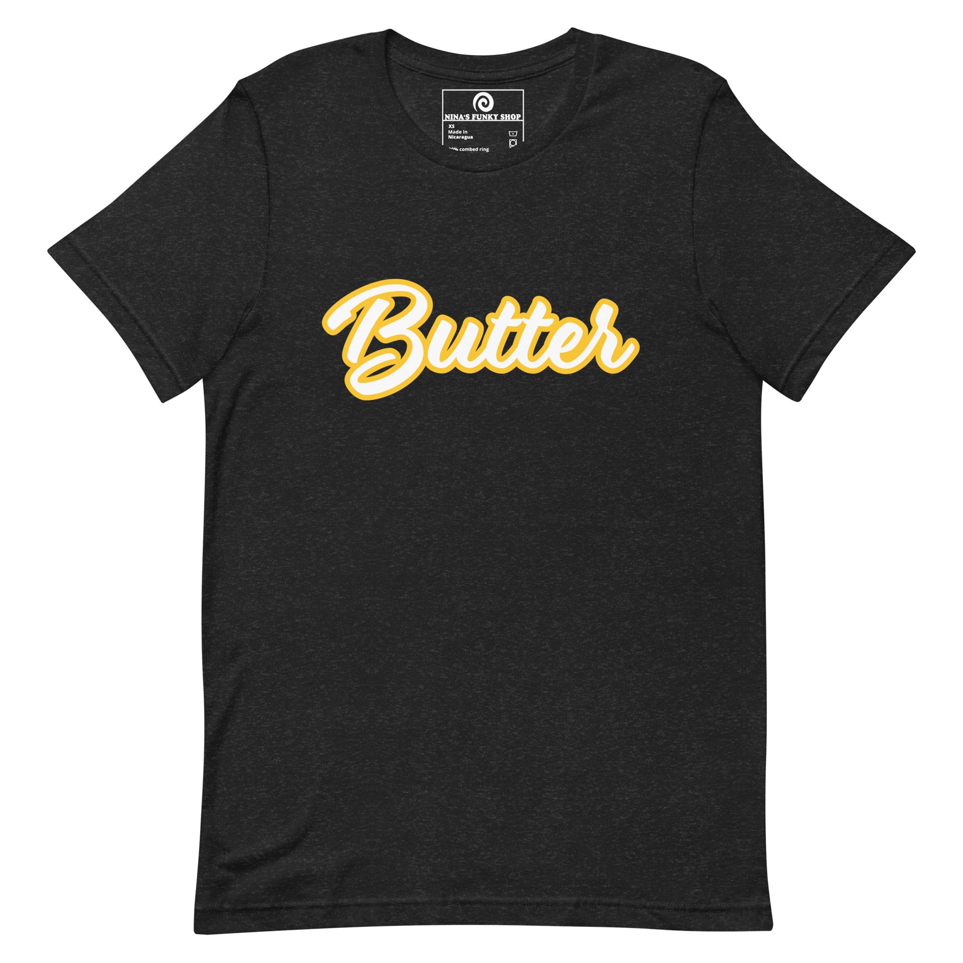 Heather Black T-Shirt with Funny Food Design - Are you a butter enthusiast? Looking for a unique gift? This butter t-shirt is soft, comfortable and perfect for foodies of all kinds. It comes in a variety of colors with "Butter", expertly printed across the front. Eat your favorite foods in style or give this funny food t-shirt as a gift for a fellow butter lover.
