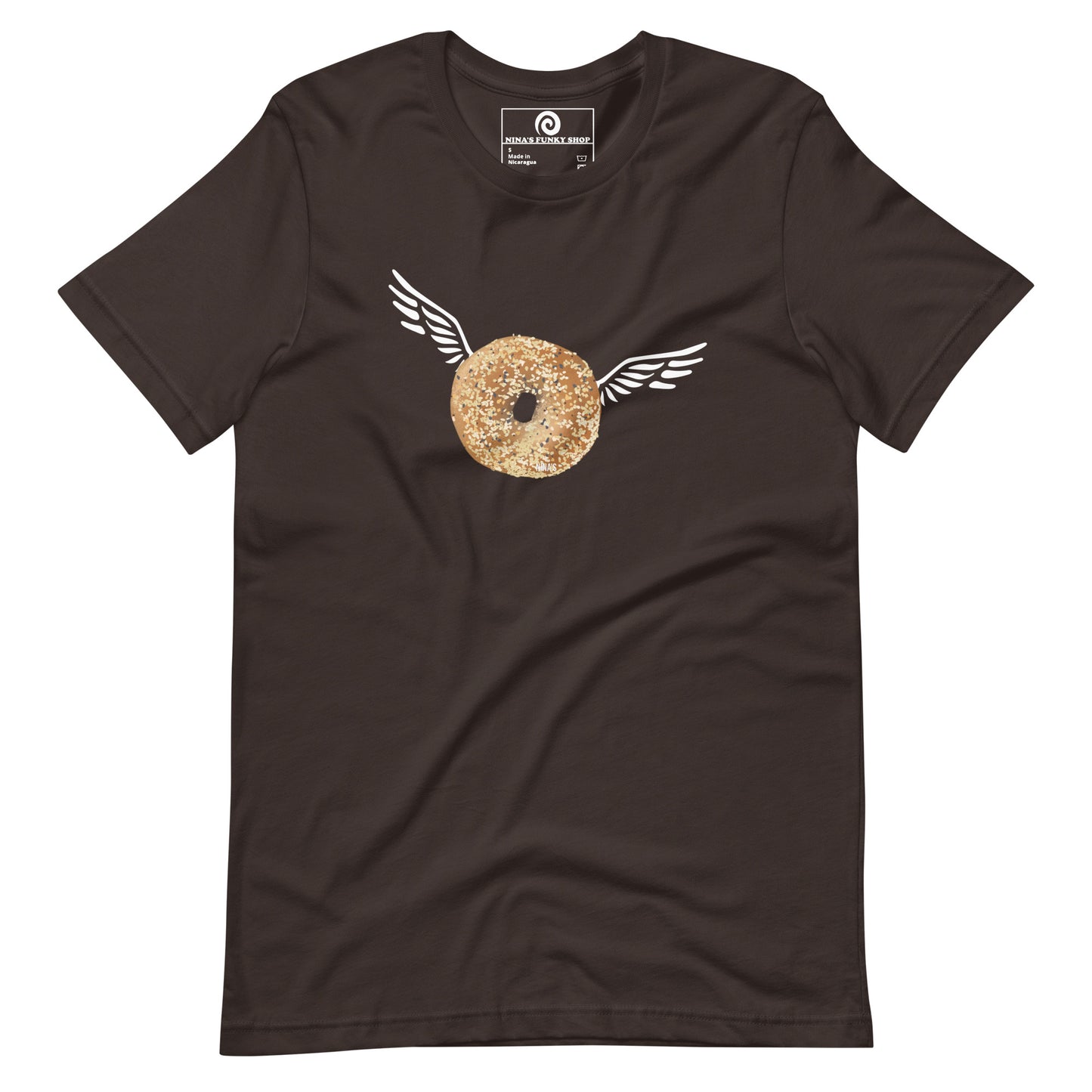 Brown Angel Bagel T-Shirt - Do you love everything bagels? Looking for a gift for your favorite bagel enthusiast? This Angel Bagel T-shirt is just what you need! It's a soft and comfortable with a funky hand drawn bagel design, expertly printed on the front. Celebrate your favorite foods in our funky foodie clothing, designed by Nina and made just for you.