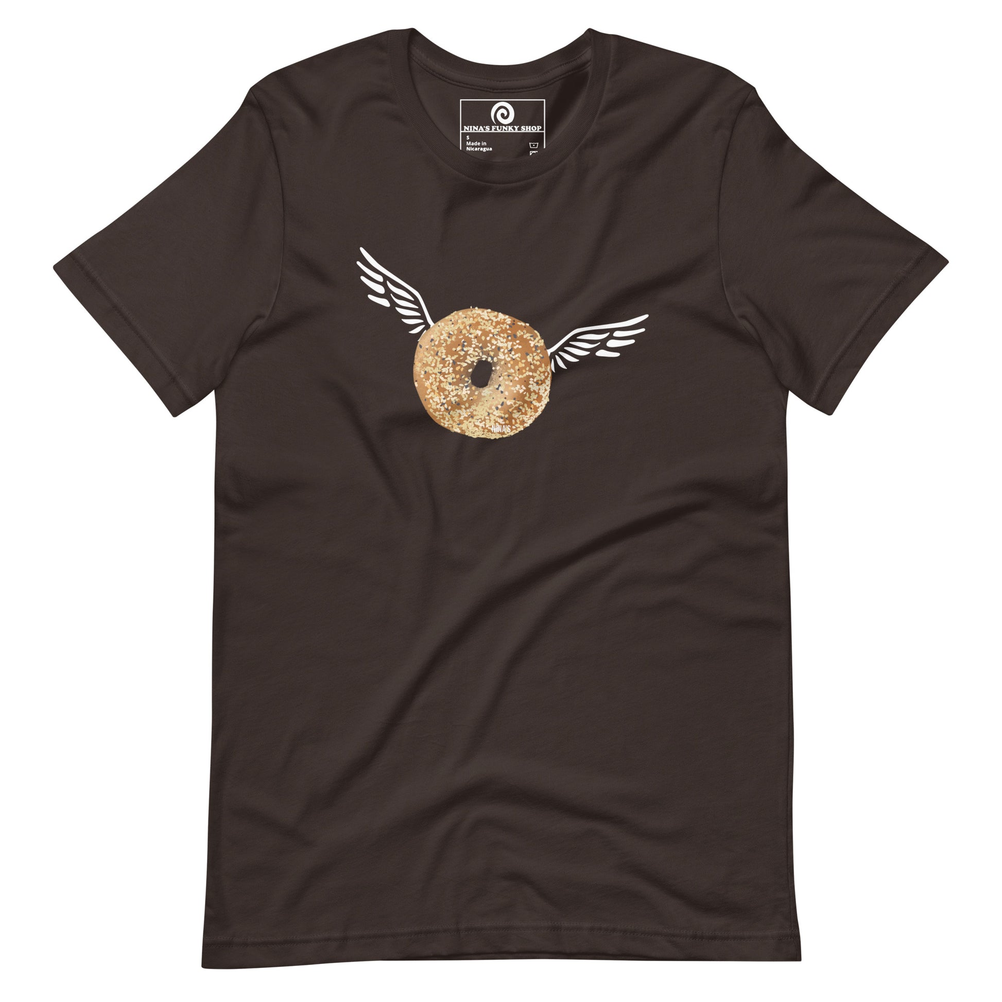 Brown Angel Bagel T-Shirt - Do you love everything bagels? Looking for a gift for your favorite bagel enthusiast? This Angel Bagel T-shirt is just what you need! It's a soft and comfortable with a funky hand drawn bagel design, expertly printed on the front. Celebrate your favorite foods in our funky foodie clothing, designed by Nina and made just for you.
