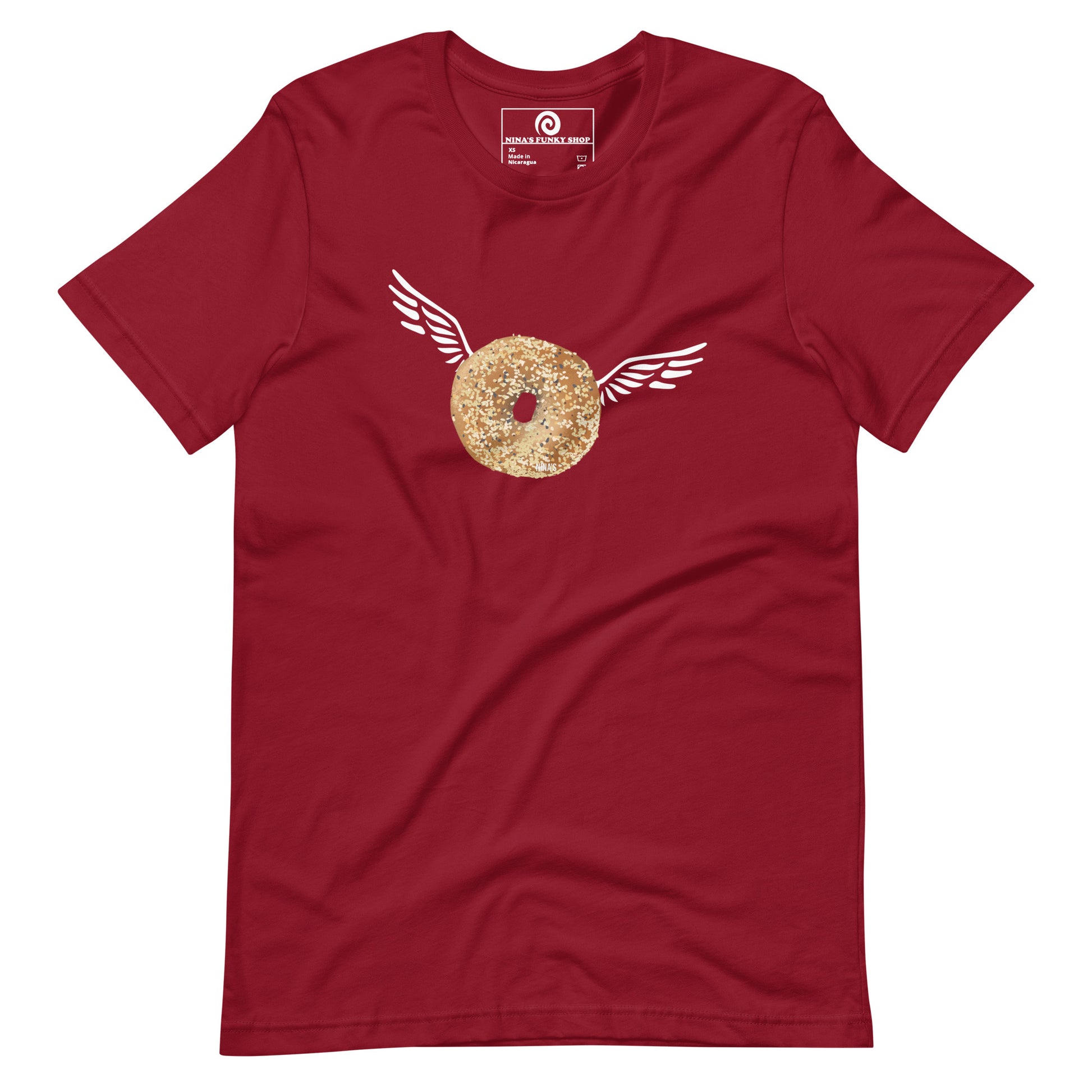 Red Angel Bagel T-Shirt - Do you love everything bagels? Looking for a gift for your favorite bagel enthusiast? This Angel Bagel T-shirt is just what you need! It's a soft and comfortable with a funky hand drawn bagel design, expertly printed on the front. Celebrate your favorite foods in our funky foodie clothing, designed by Nina and made just for you.