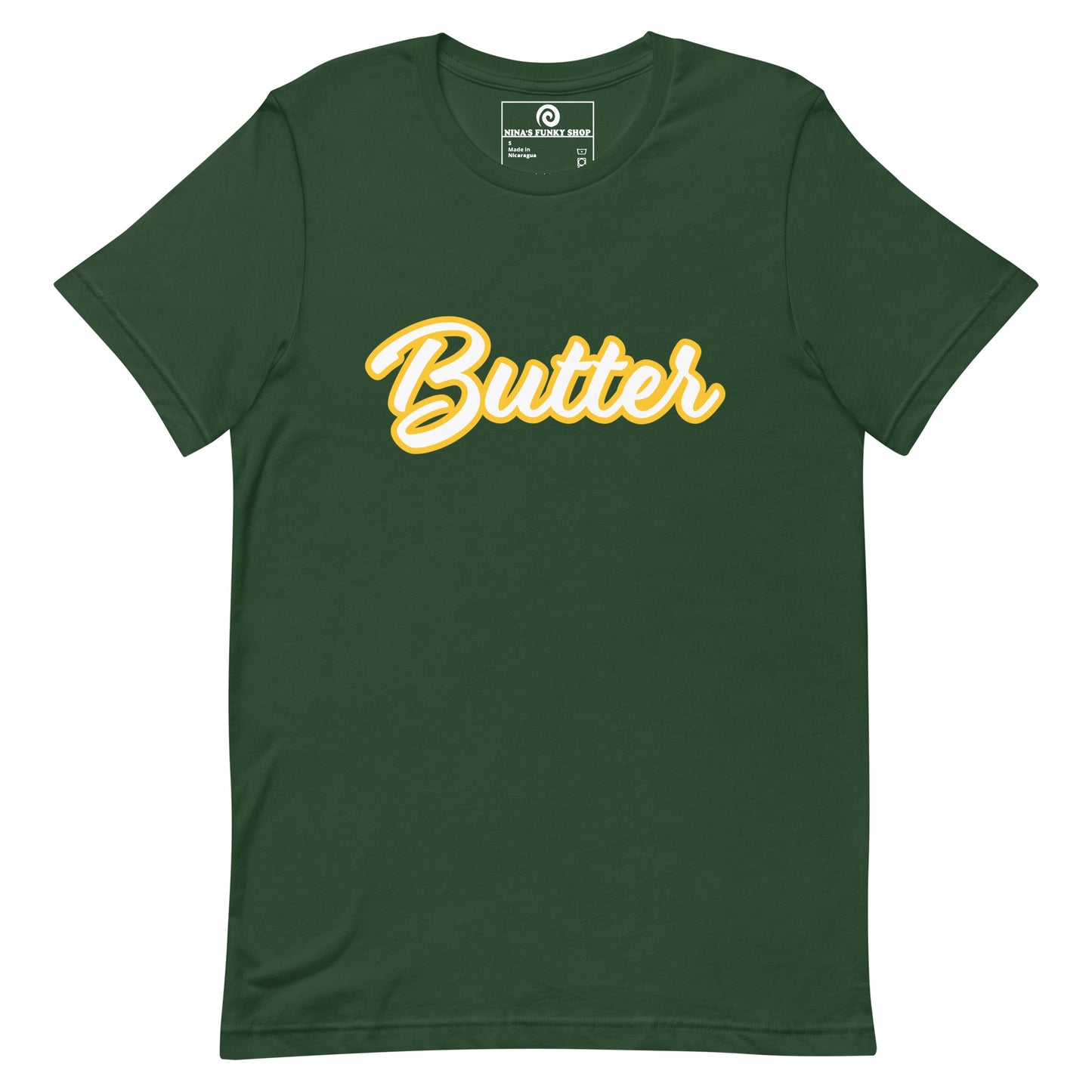 Green T-Shirt with Funny Food Design - Are you a butter enthusiast? Looking for a unique gift? This butter t-shirt is soft, comfortable and perfect for foodies of all kinds. It comes in a variety of colors with "Butter", expertly printed across the front. Eat your favorite foods in style or give this funny food t-shirt as a gift for a fellow butter lover.