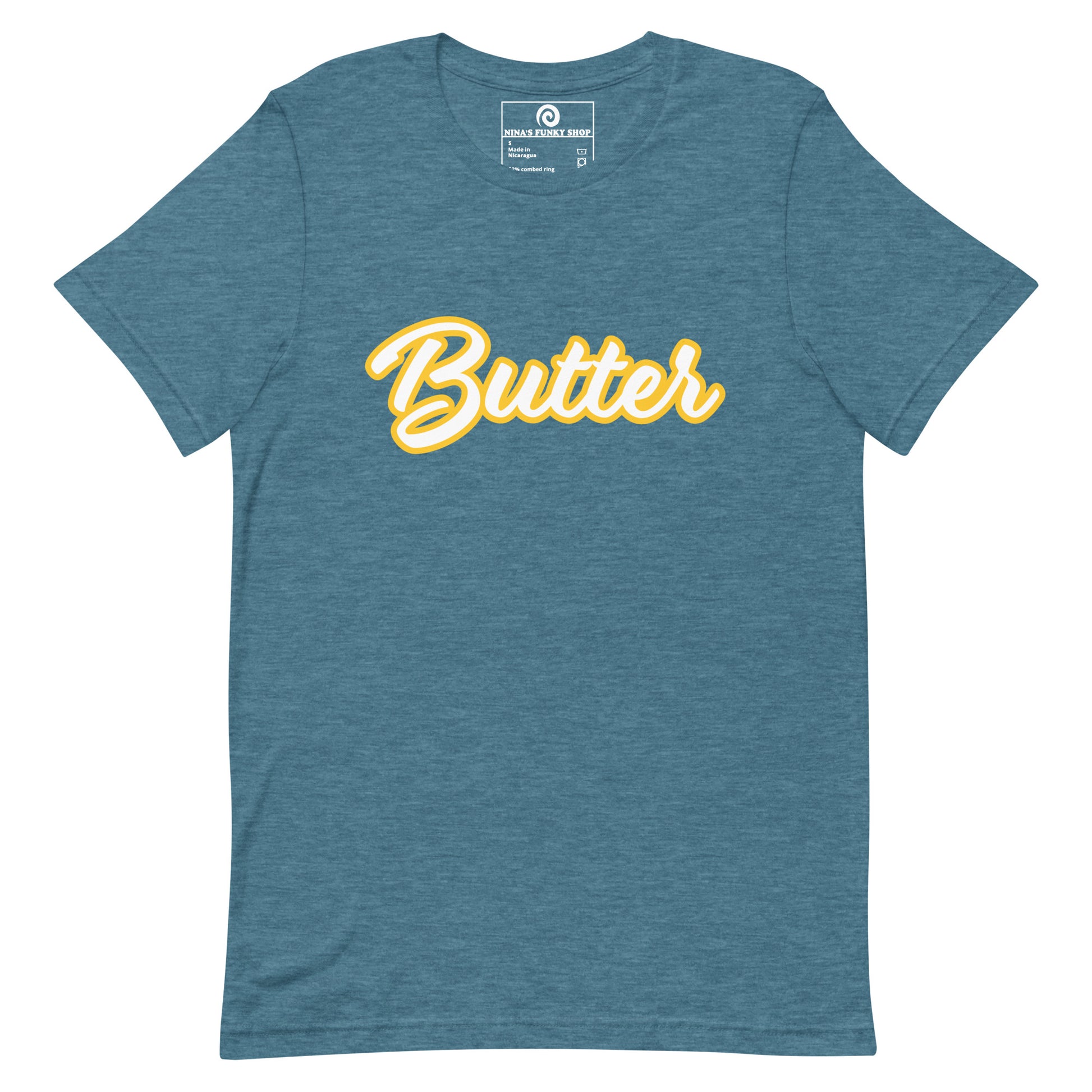 Teal T-Shirt with Funny Food Design - Are you a butter enthusiast? Looking for a unique gift? This butter t-shirt is soft, comfortable and perfect for foodies of all kinds. It comes in a variety of colors with "Butter", expertly printed across the front. Eat your favorite foods in style or give this funny food t-shirt as a gift for a fellow butter lover.