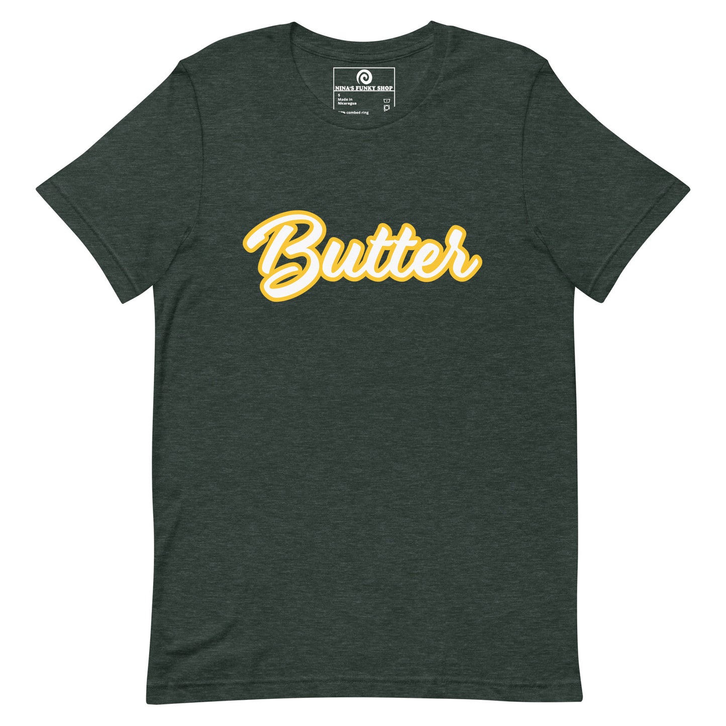Dark Heather Green T-Shirt with Funny Food Design - Are you a butter enthusiast? Looking for a unique gift? This butter t-shirt is soft, comfortable and perfect for foodies of all kinds. It comes in a variety of colors with "Butter", expertly printed across the front. Eat your favorite foods in style or give this funny food t-shirt as a gift for a fellow butter lover.