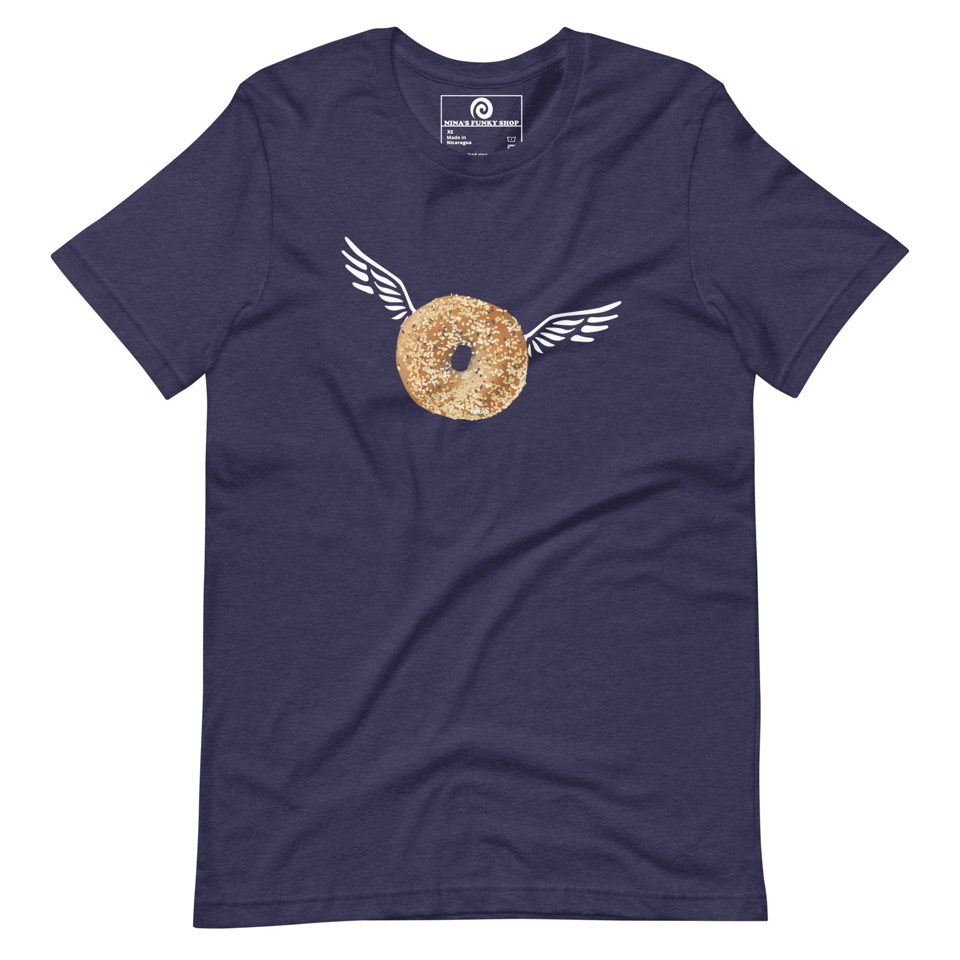 Navy Angel Bagel T-Shirt - Do you love everything bagels? Looking for a gift for your favorite bagel enthusiast? This Angel Bagel T-shirt is just what you need! It's a soft and comfortable with a funky hand drawn bagel design, expertly printed on the front. Celebrate your favorite foods in our funky foodie clothing, designed by Nina and made just for you.