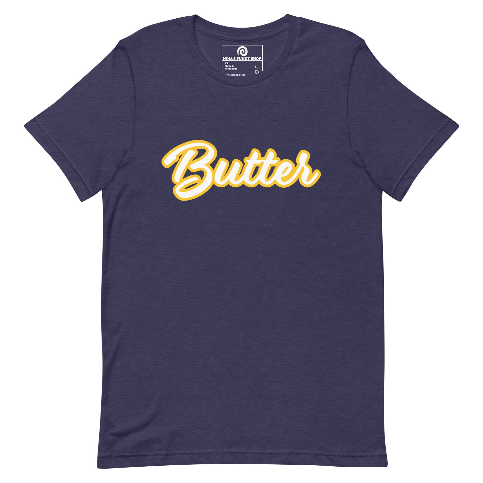 Heather Navy T-Shirt with Funny Food Design - Are you a butter enthusiast? Looking for a unique gift? This butter t-shirt is soft, comfortable and perfect for foodies of all kinds. It comes in a variety of colors with "Butter", expertly printed across the front. Eat your favorite foods in style or give this funny food t-shirt as a gift for a fellow butter lover.