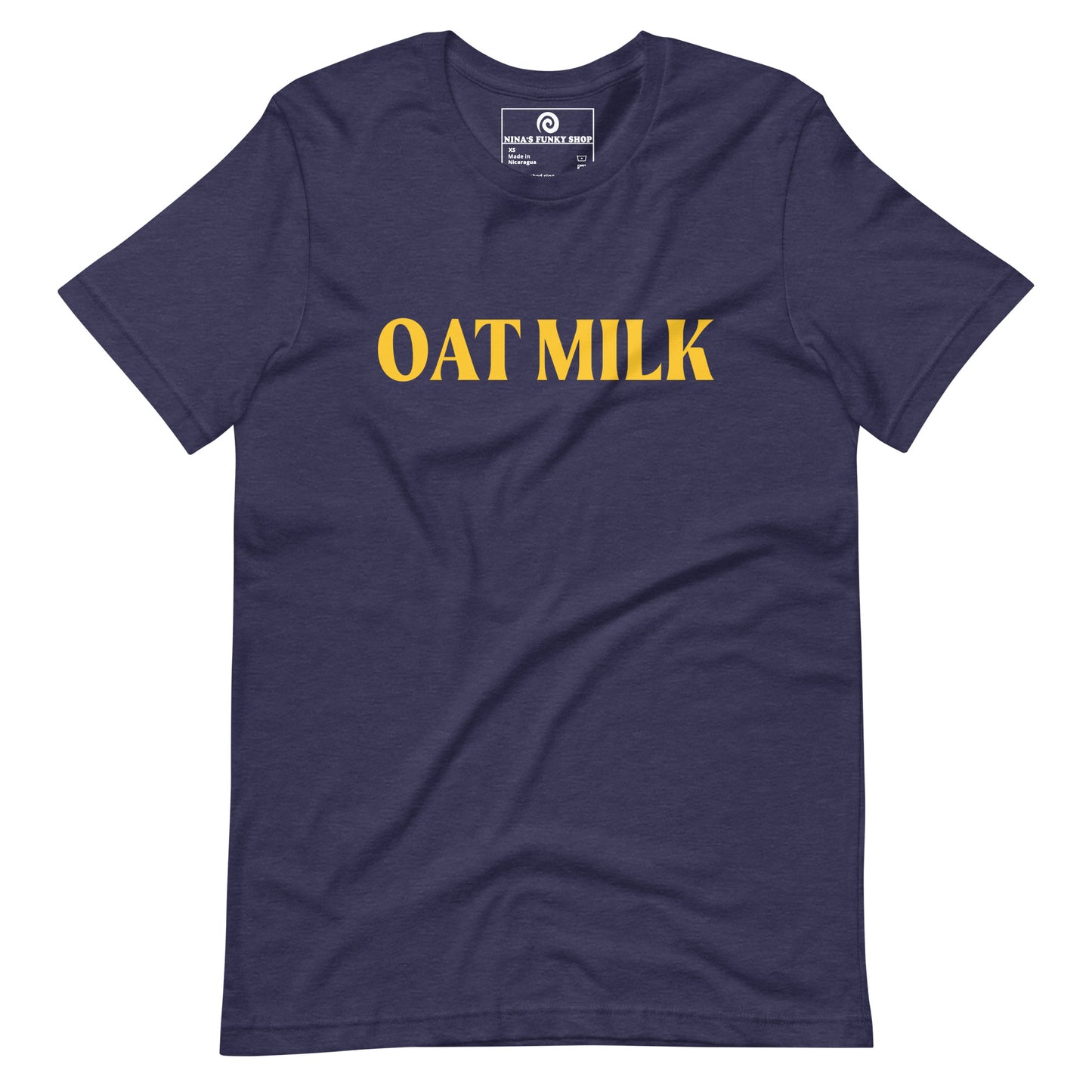 Navy Oat Milk T-shirt - Are you an oat milk enthusiast? Looking for a funny gift for a dairy free friend? Our Oat Milk T-shirt is soft, comfortable and just what you need. It's a unisex t-shirt that comes in a variety of colors with "oat milk", on the front. A funny t-shirt for plant based babes and foodies of all kinds. Celebrate your favorite foods in our funky foodie apparel. Designed by Nina and made just for you! 
