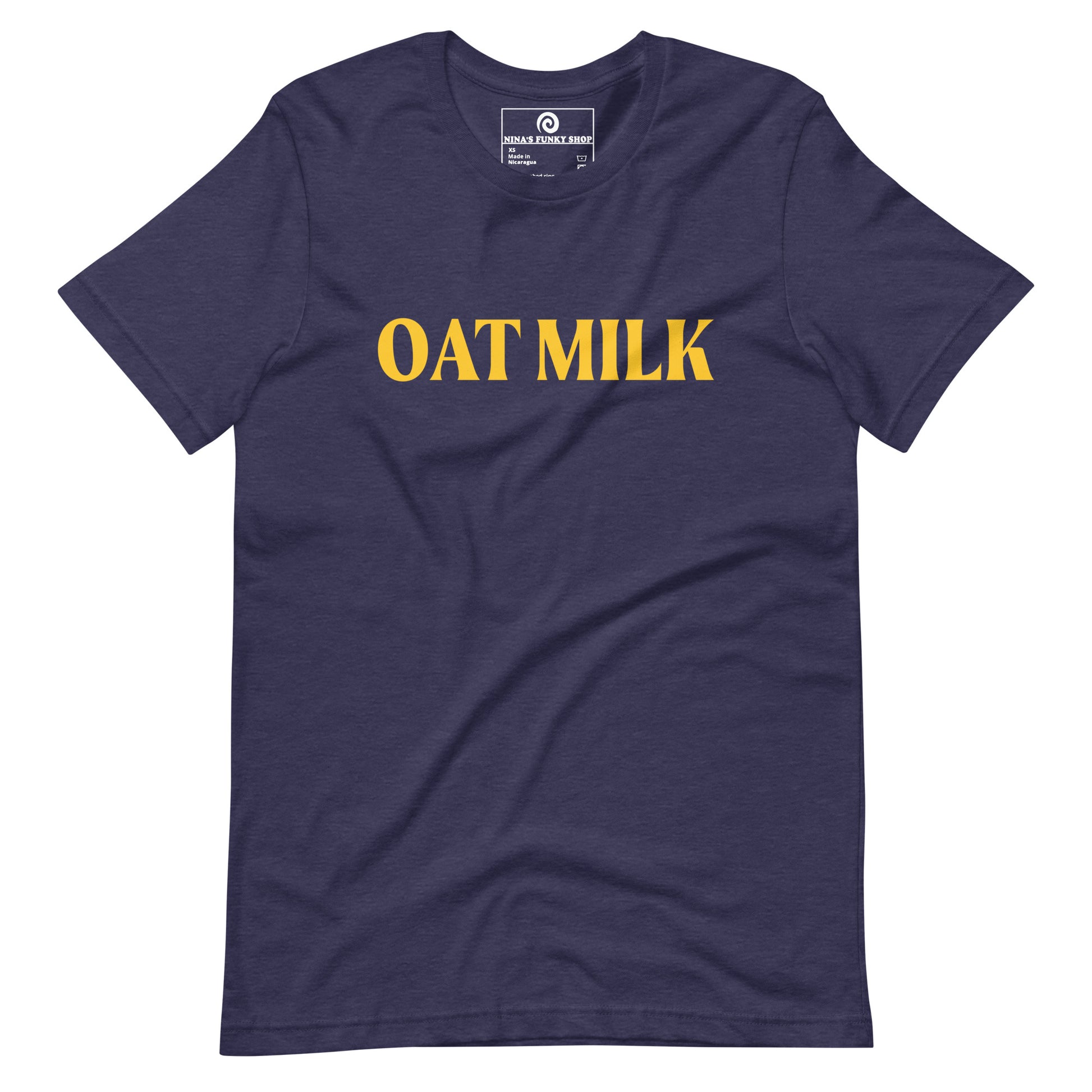 Navy Oat Milk T-shirt - Are you an oat milk enthusiast? Looking for a funny gift for a dairy free friend? Our Oat Milk T-shirt is soft, comfortable and just what you need. It's a unisex t-shirt that comes in a variety of colors with "oat milk", on the front. A funny t-shirt for plant based babes and foodies of all kinds. Celebrate your favorite foods in our funky foodie apparel. Designed by Nina and made just for you! 