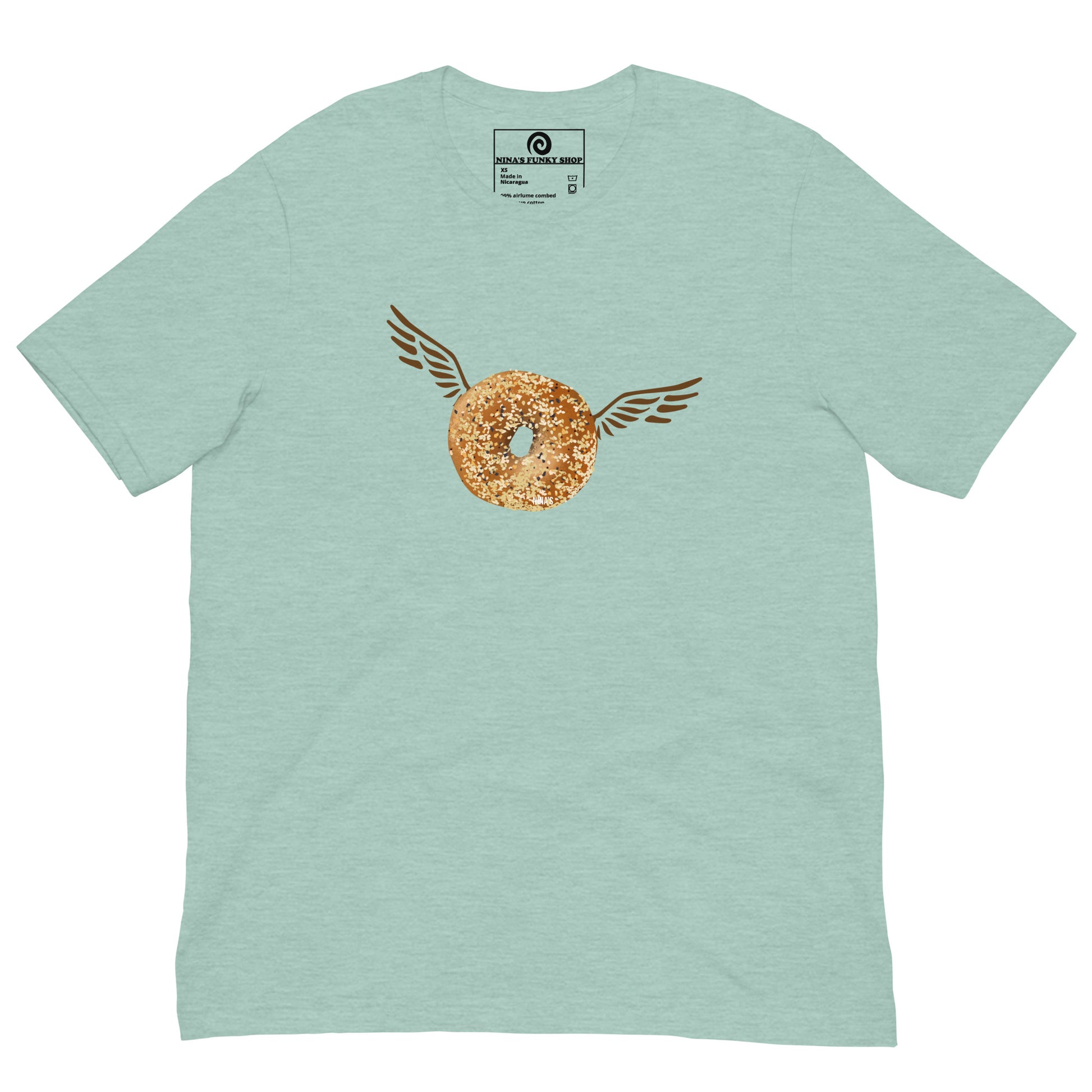 Light Green Angel Bagel T-Shirt - Do you love everything bagels? Looking for a gift for your favorite bagel enthusiast? This Angel Bagel T-shirt is just what you need! It's a soft and comfortable with a funky hand drawn bagel design, expertly printed on the front. Celebrate your favorite foods in our funky foodie clothing, designed by Nina and made just for you. 