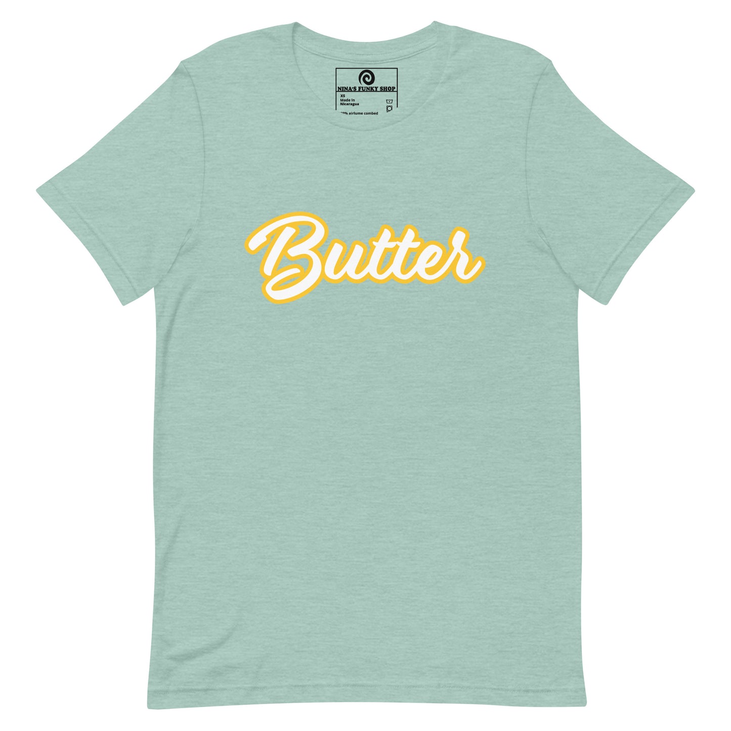 Green T-Shirt with Funny Food Design - Are you a butter enthusiast? Looking for a unique gift? This butter t-shirt is soft, comfortable and perfect for foodies of all kinds. It comes in a variety of colors with "Butter", expertly printed across the front. Eat your favorite foods in style or give this funny food t-shirt as a gift for a fellow butter lover.